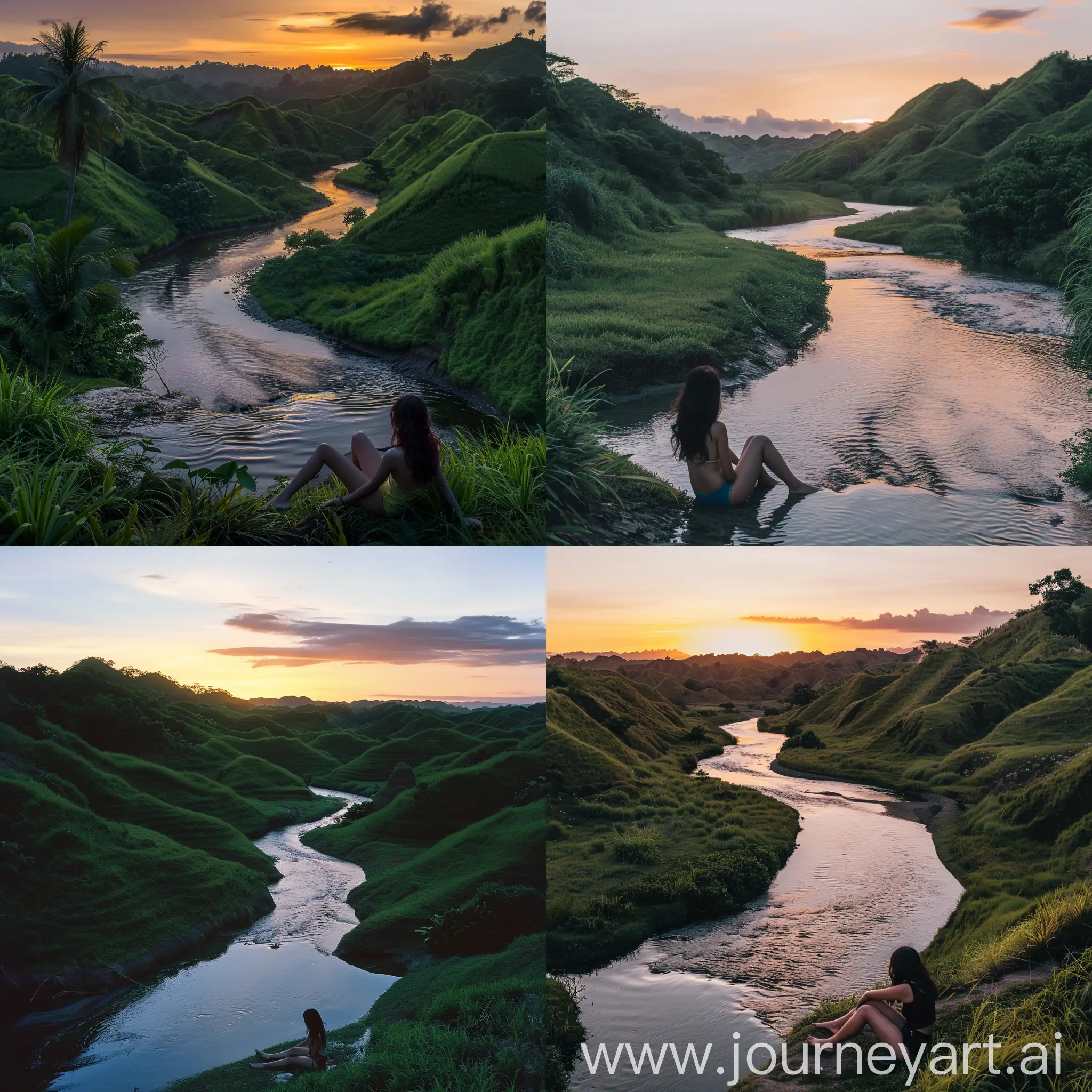 A serene landscape of a winding river cutting through lush, green hills at sunset. a lone 25 year old asian girl sat by the river, her legs submerged to the water