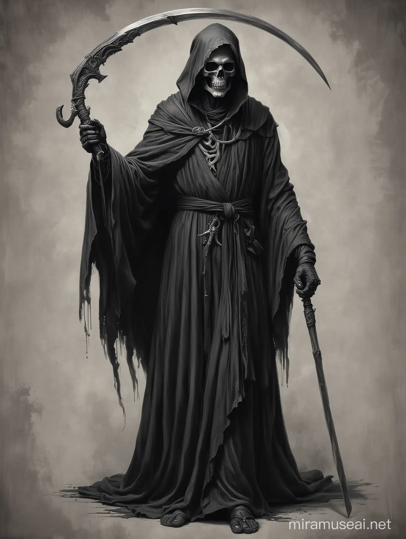 Black and grey realism drawing of Grim reaper holding a scythe in one hand and a scroll in the other hand wearing a full body black robe simplified