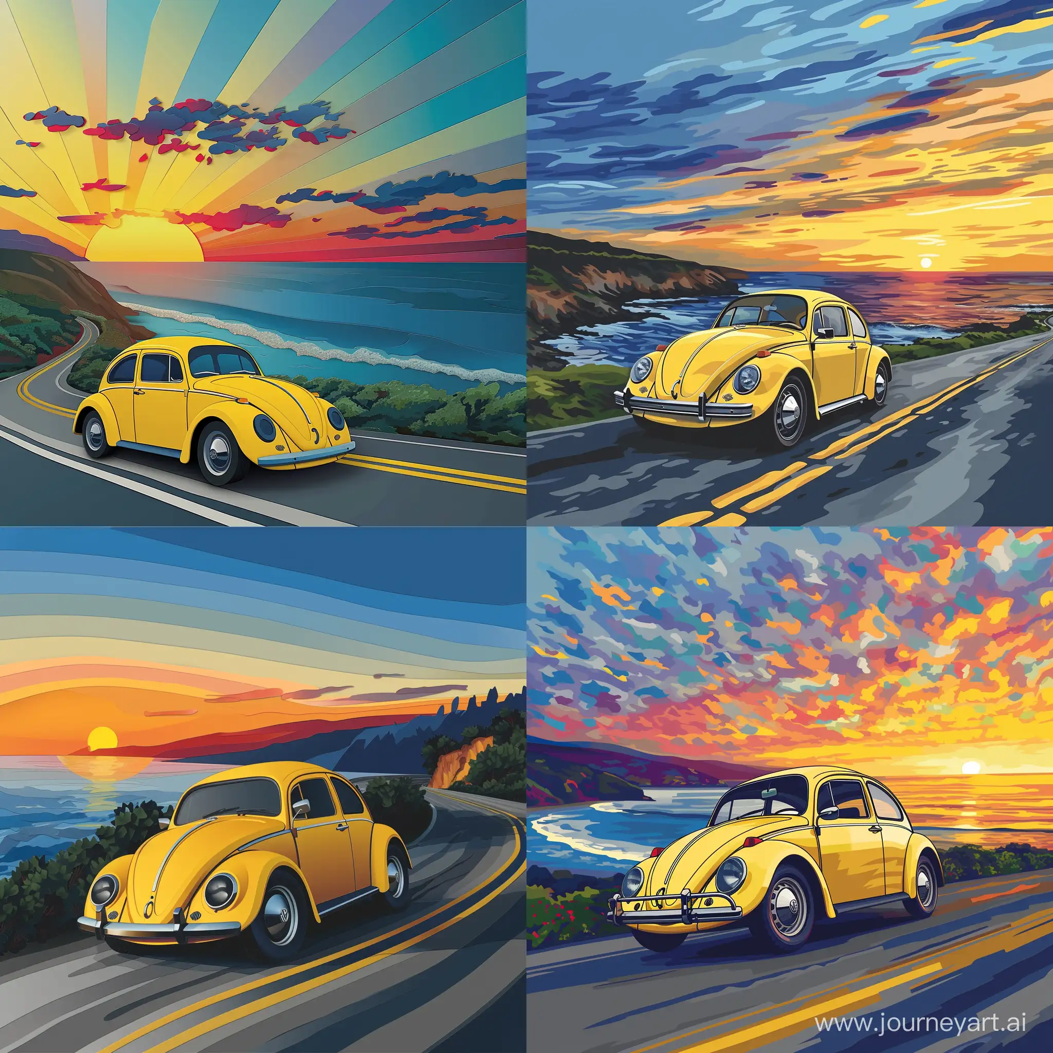 Cut paper art of a yellow Volkswagen beetle traveling on the road by the sea, sunset behind, in high quality vector style