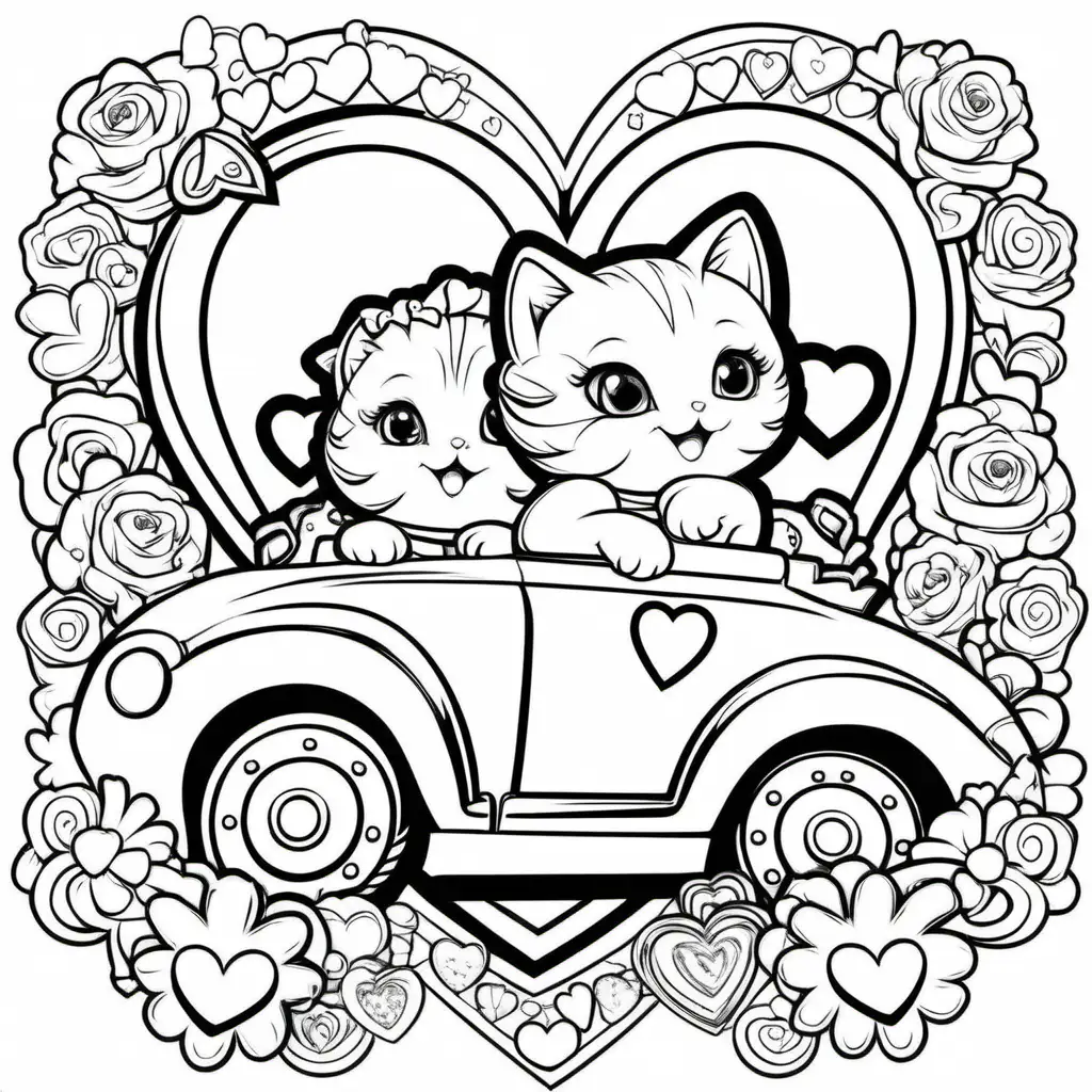 love kittens, playing in a fancy car with heart decorations around, coloring pages for children

