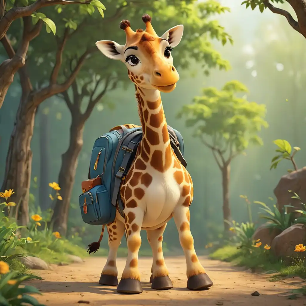 roztomilý žirafa jeden a kole, na zádech má školní aktovku, roztomilá pohádková postava