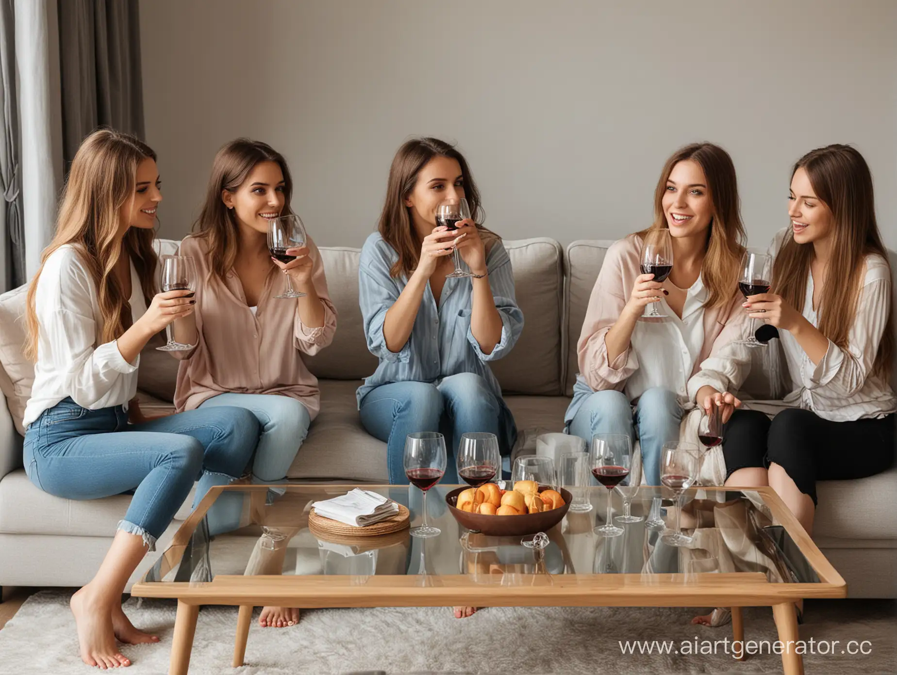 4 девушки в разной одежде пьют  вино 4 бокала дома на диване перед пустым журнальным столом .


