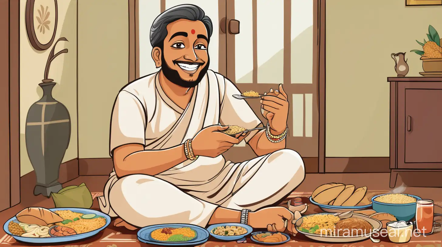 A Bengali son in law is eating a lots of food in a room seating on floor and smilling. Please make the image cartoon type.