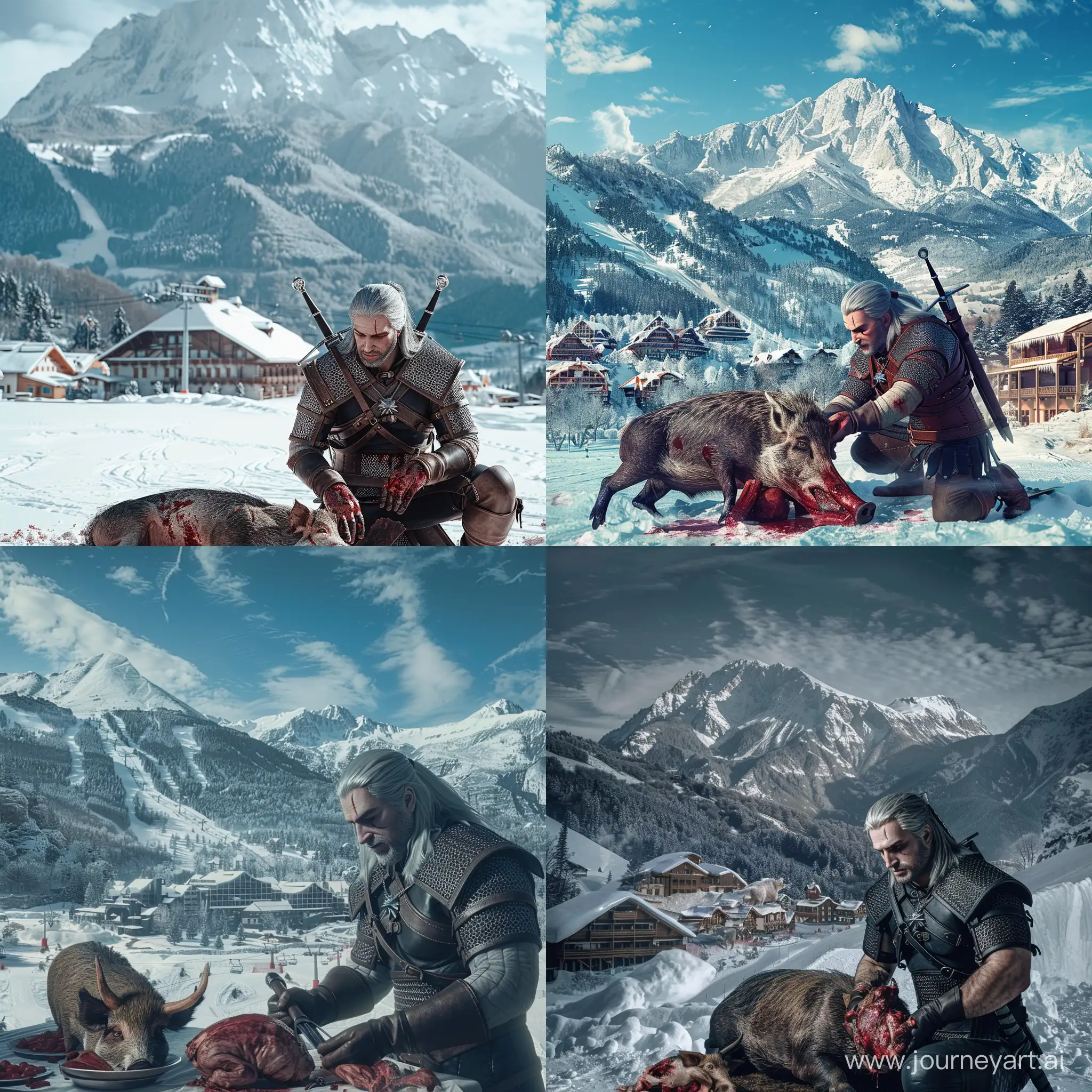 photo in realistic style: Geralt of Rivia butchers a boar against the background of snowy mountains and ski resort. — commercial photography — magazine photography — glamour photography 