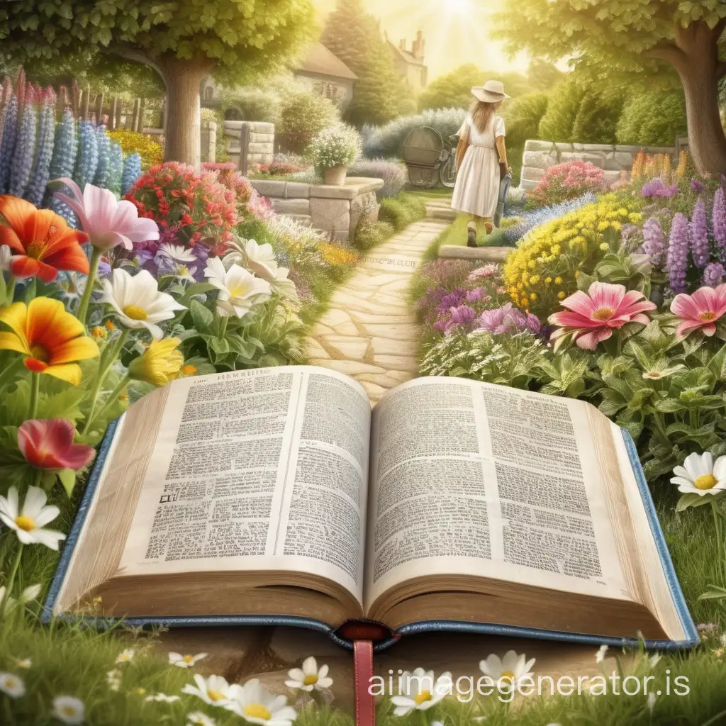 an open Bible on its pages a beautiful blooming garden happy people are walking
