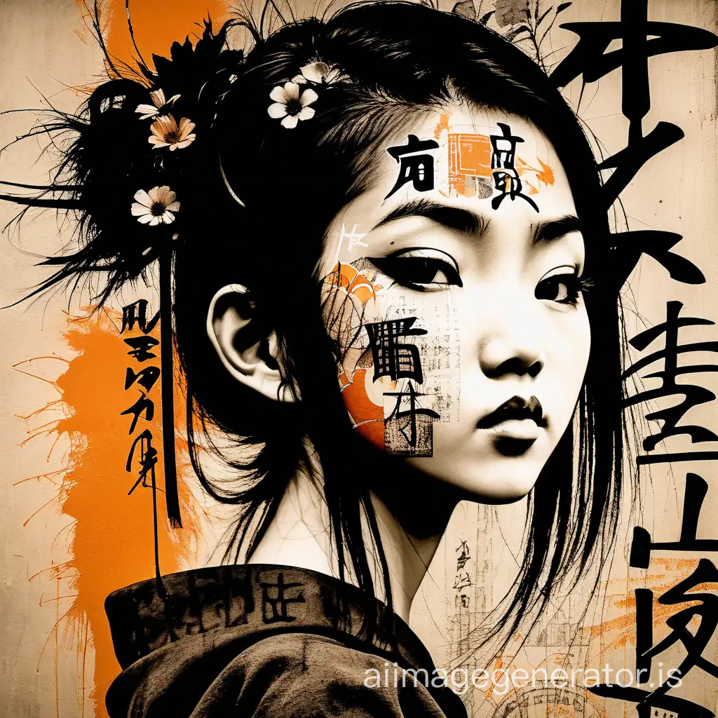 Asian woman, beautiful face, black and orange color tones, wabi-sabi art, abstract , punk collage , urbanpunk, flowerpunk, random textures, random graffiti strokes, kanji characters, surreal artwork, Impermanence