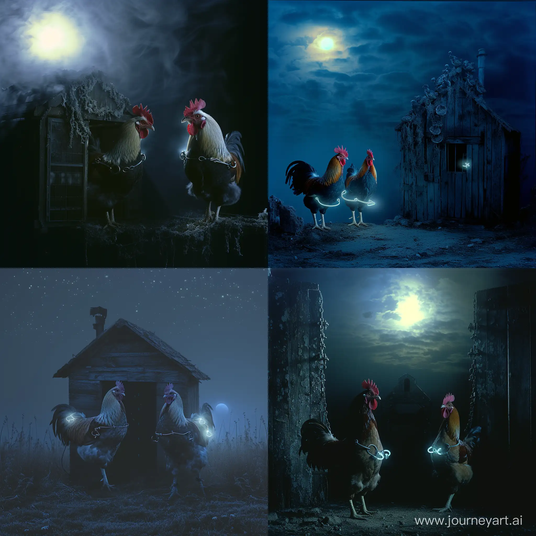 Under the moonlit sky, a mystical chicken coop emerges from the shadows. Two roosters, bound by ethereal handcuffs that emit a soft glow, stand with a regal demeanor. The surreal atmosphere adds an element of mystery to the scene, inviting viewers to ponder the story behind the enchanted coop and the captive roosters.