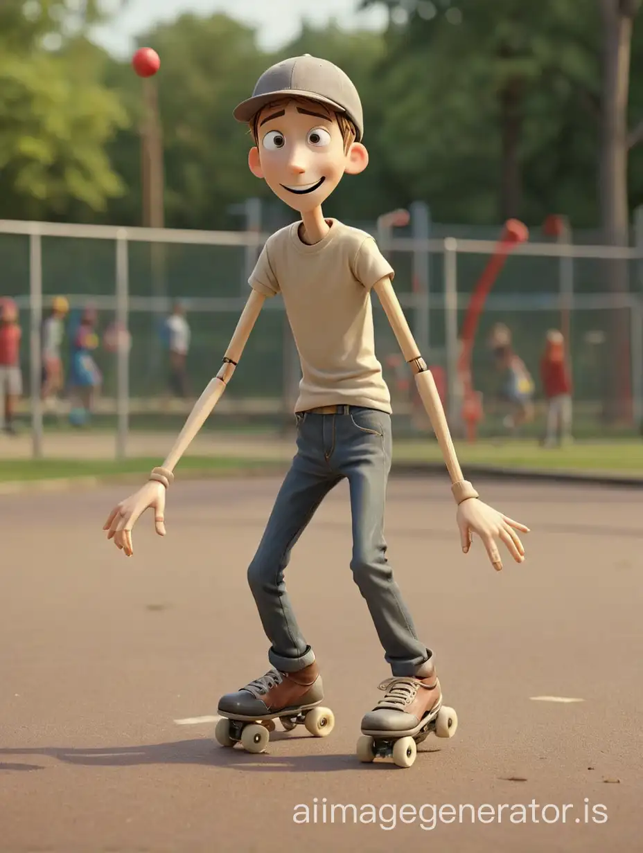 whimsical, a matchstick man with ball head wearing a cap, roller skating on playground, HD