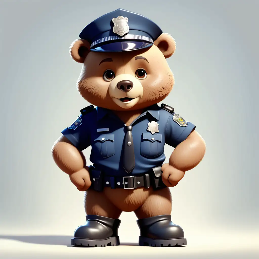illustrate a cute bear in cartoon style with police clothes with boots with clear background