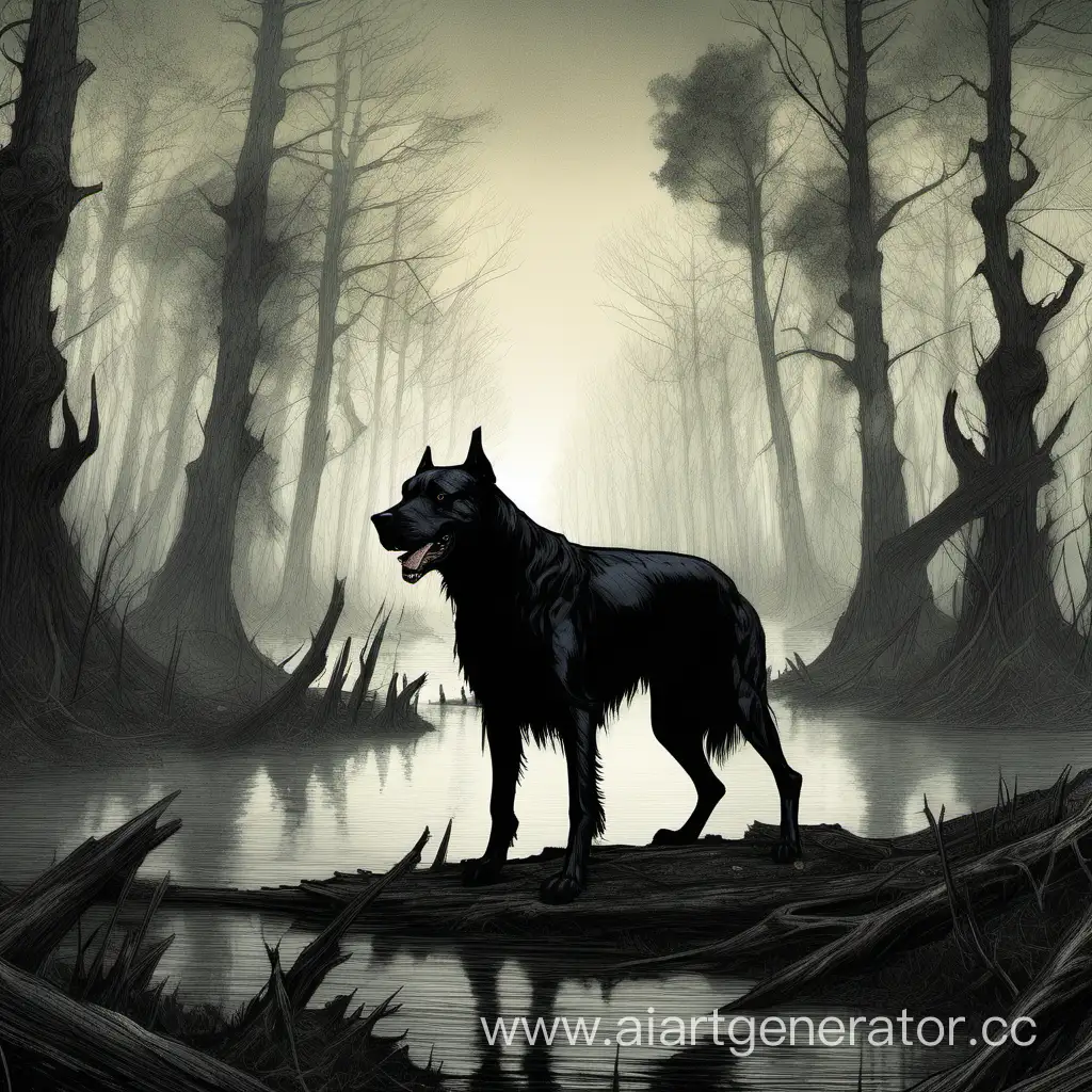 Огромная чёрная собака, ужасная и свирепая. Стоит на фоне унылого болотного пейзажа.