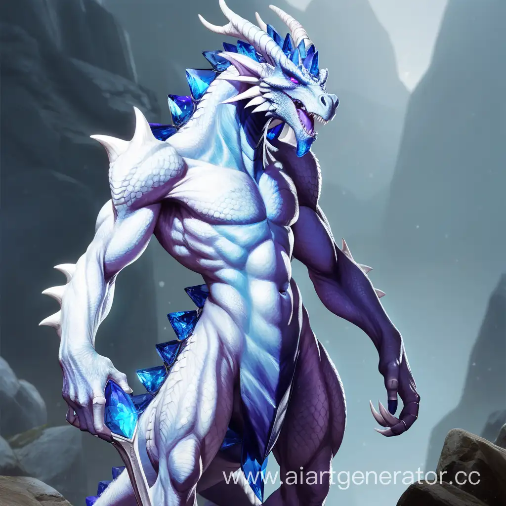 White, Tall, slender, medium-muscular dragonborn with blue-purple crystalline growths