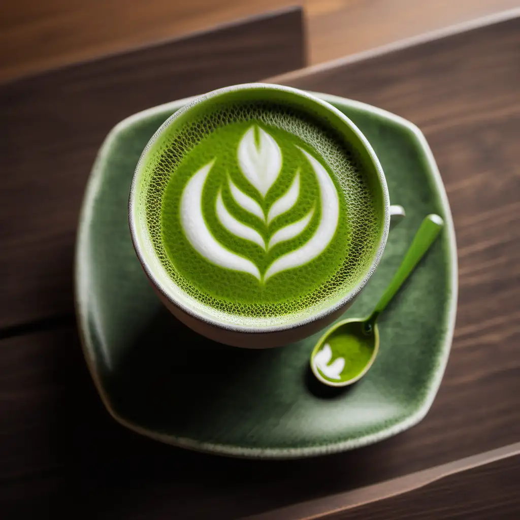  cup of green tea matcha organic with foam design on a cafe table