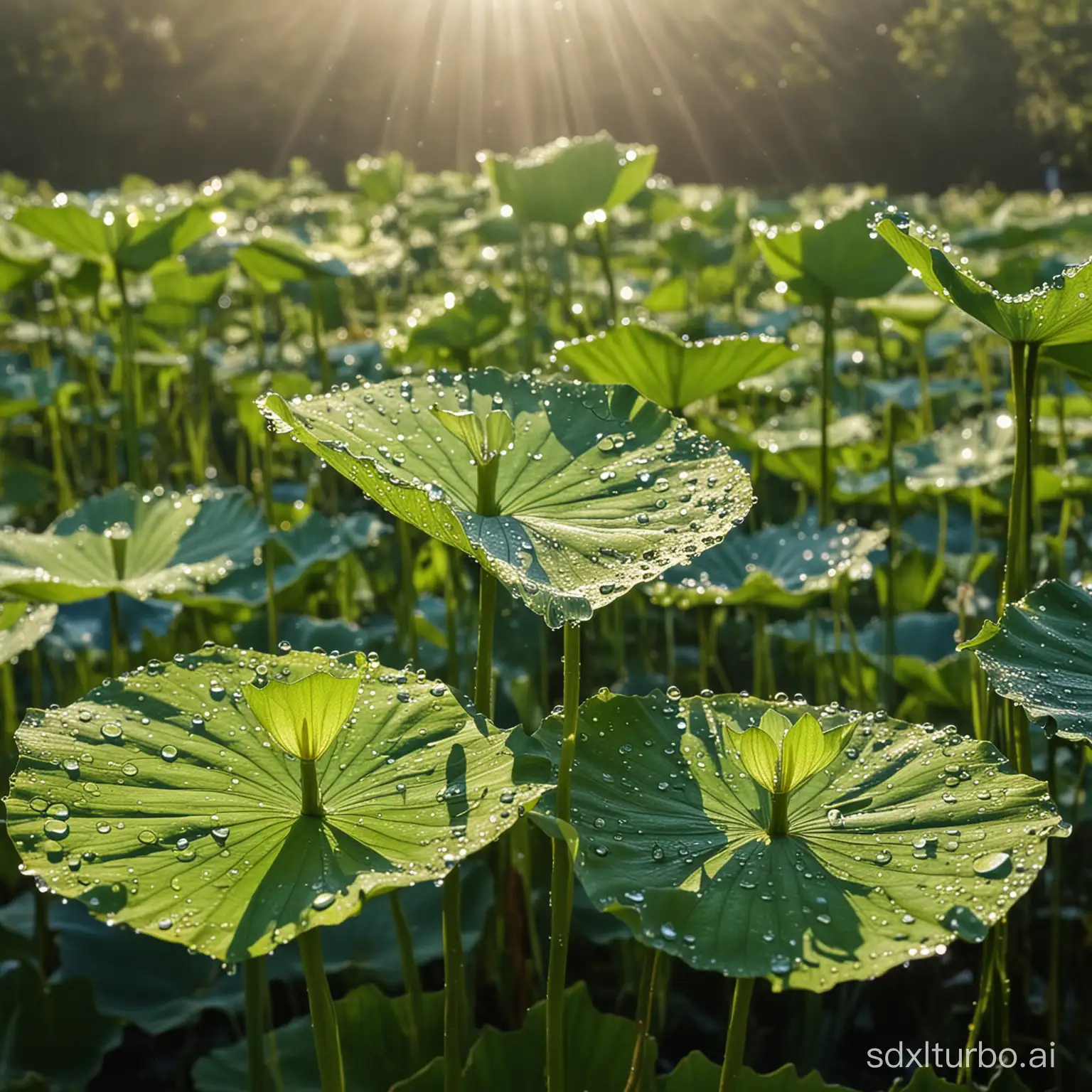 Sunlit-Lotus-Leaves-with-Dewdrops