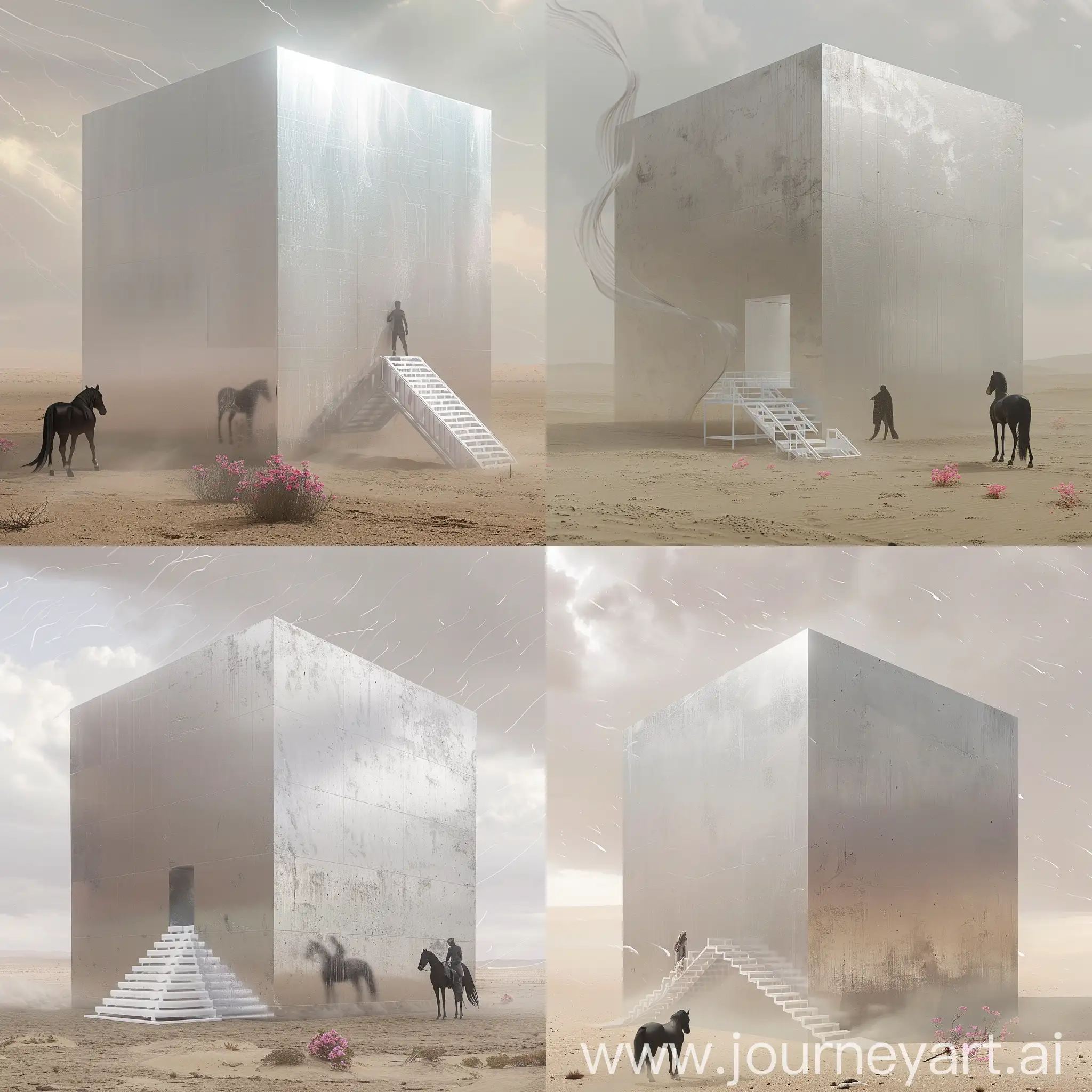 un gros cube en métal argenté dans le desert beige, des escaliers de bas en haut en plastique blanc, une personne avec un cheval noir qui se tient à coté en fixant le cube, une tempete de vent tout autour avec du vent, quelques petites fleurs roses à coté du cube