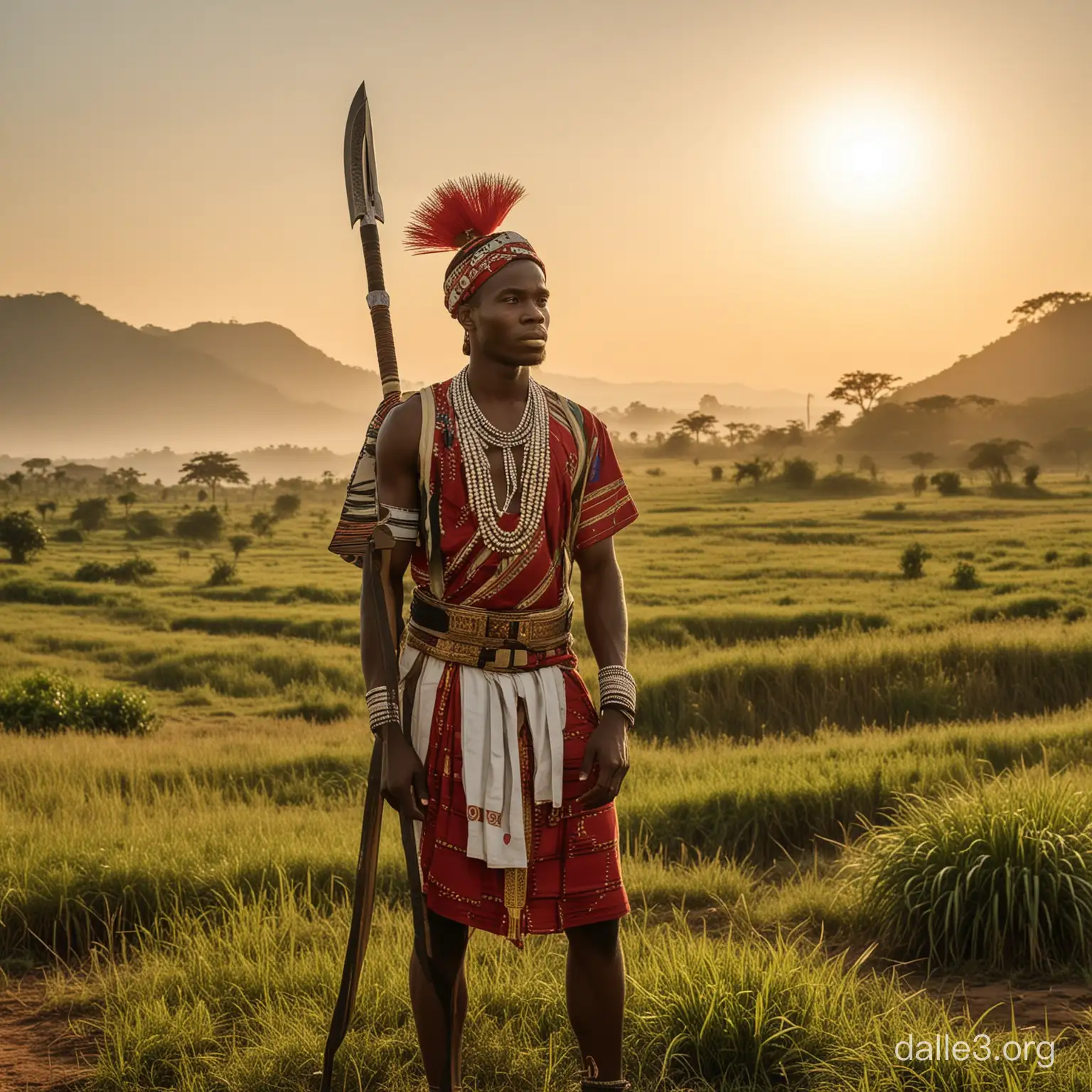 Picture a young man standing at the edge of his village, clad in traditional Igbo attire, his father's ancestral sword strapped to his waist. Behind him, the sun rises over the lush landscape, casting long shadows across the fertile fields. Igbo from the eastern nigeria