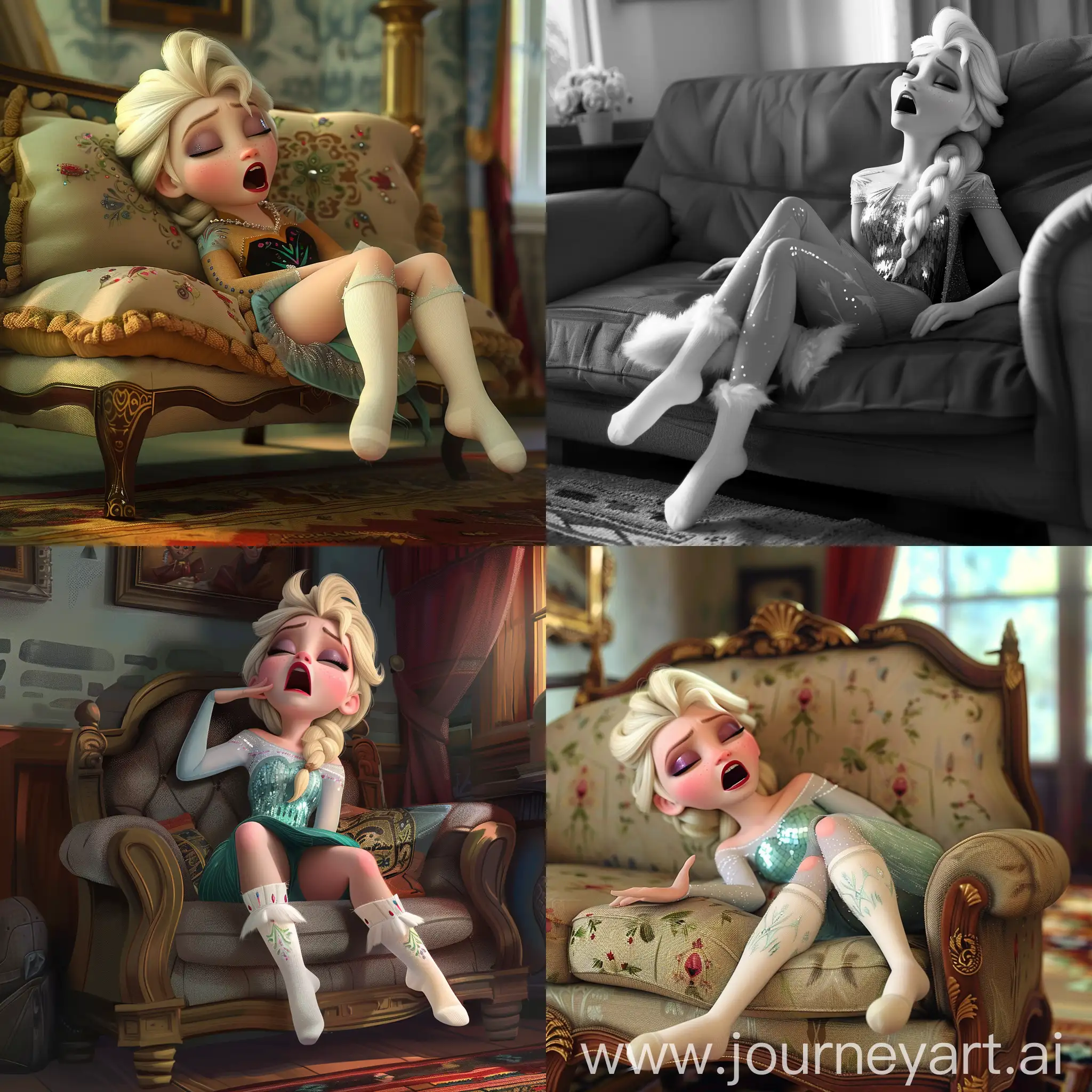 Elsa frozen, sit on her sofa, sleeping with mouth open, wearing short white socks