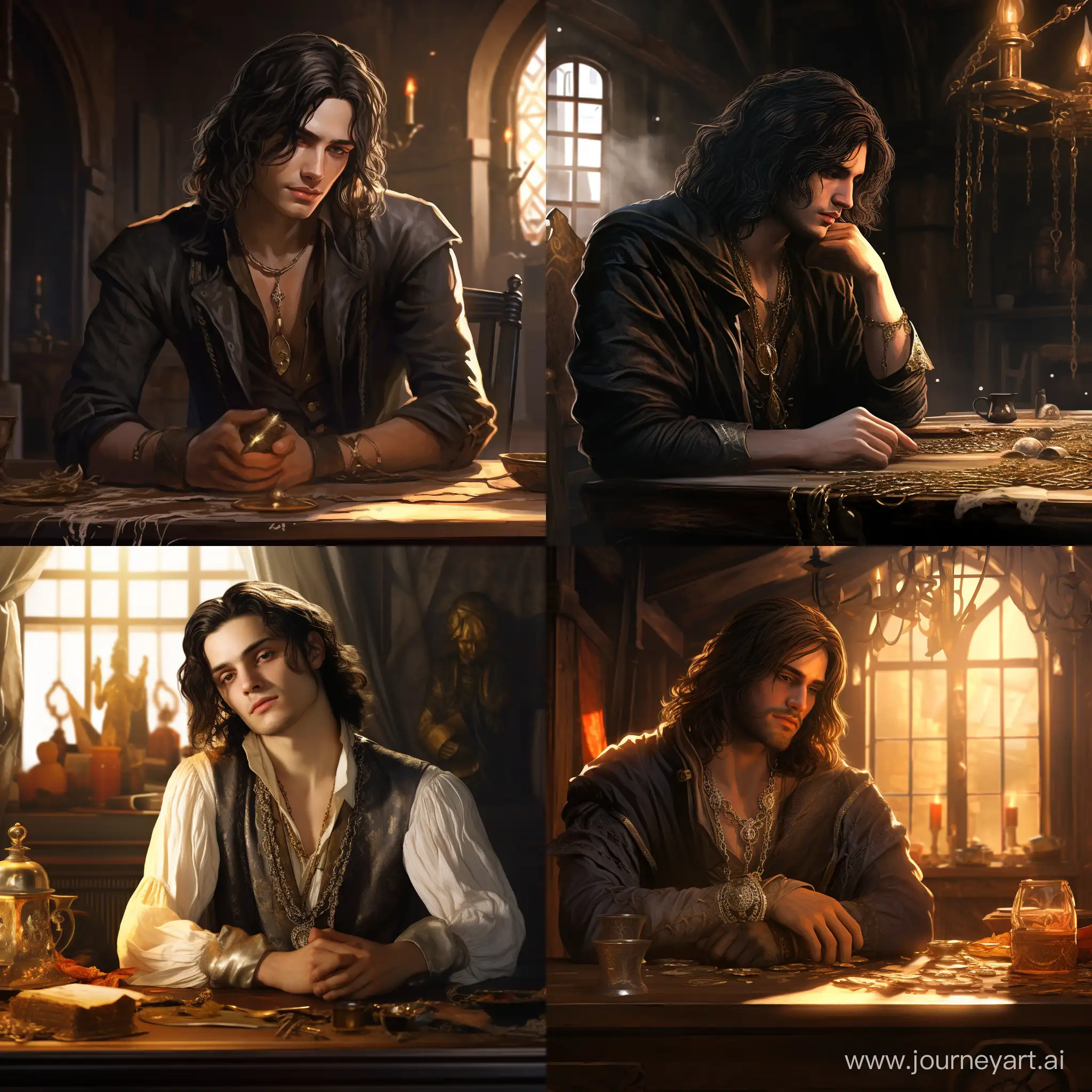 22-year-old son of the governor of the province, wrinkles on his face, long black hair, no beard, a crystal emitting bright light from the inside, suspended on a gold chain, sitting on a chair at the table, medieval meeting room, lotr, 4k, fantasy, concept art, full hd