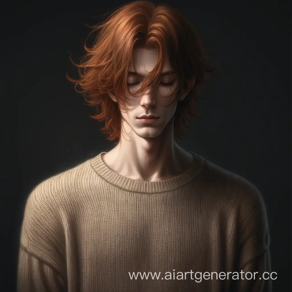 Young-Man-with-Reddish-Hair-in-Beige-Sweater-Standing-in-Serene-Darkness