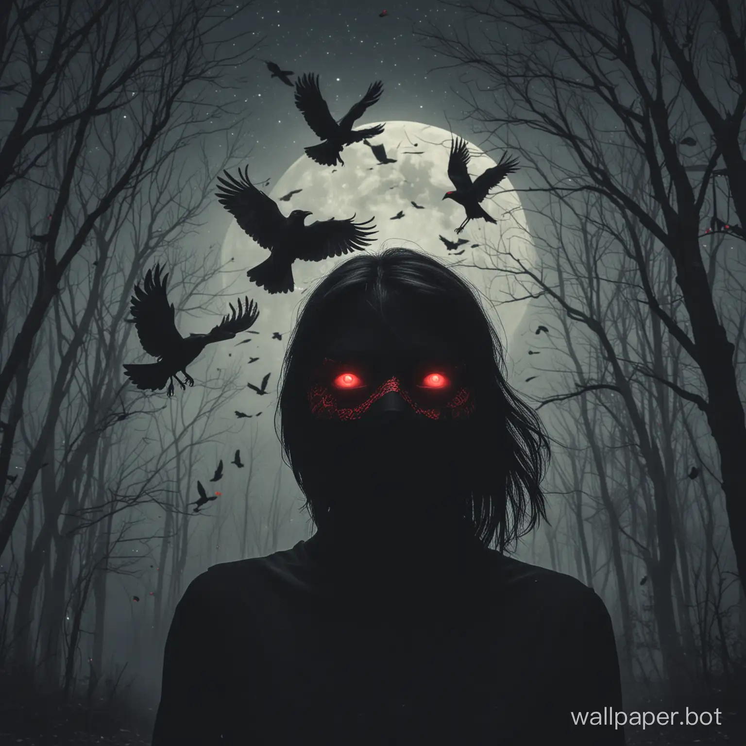 Mysterious-Figure-with-Red-Eyes-Wearing-a-Short-Mask-Under-Night-Sky-with-Flying-Crows