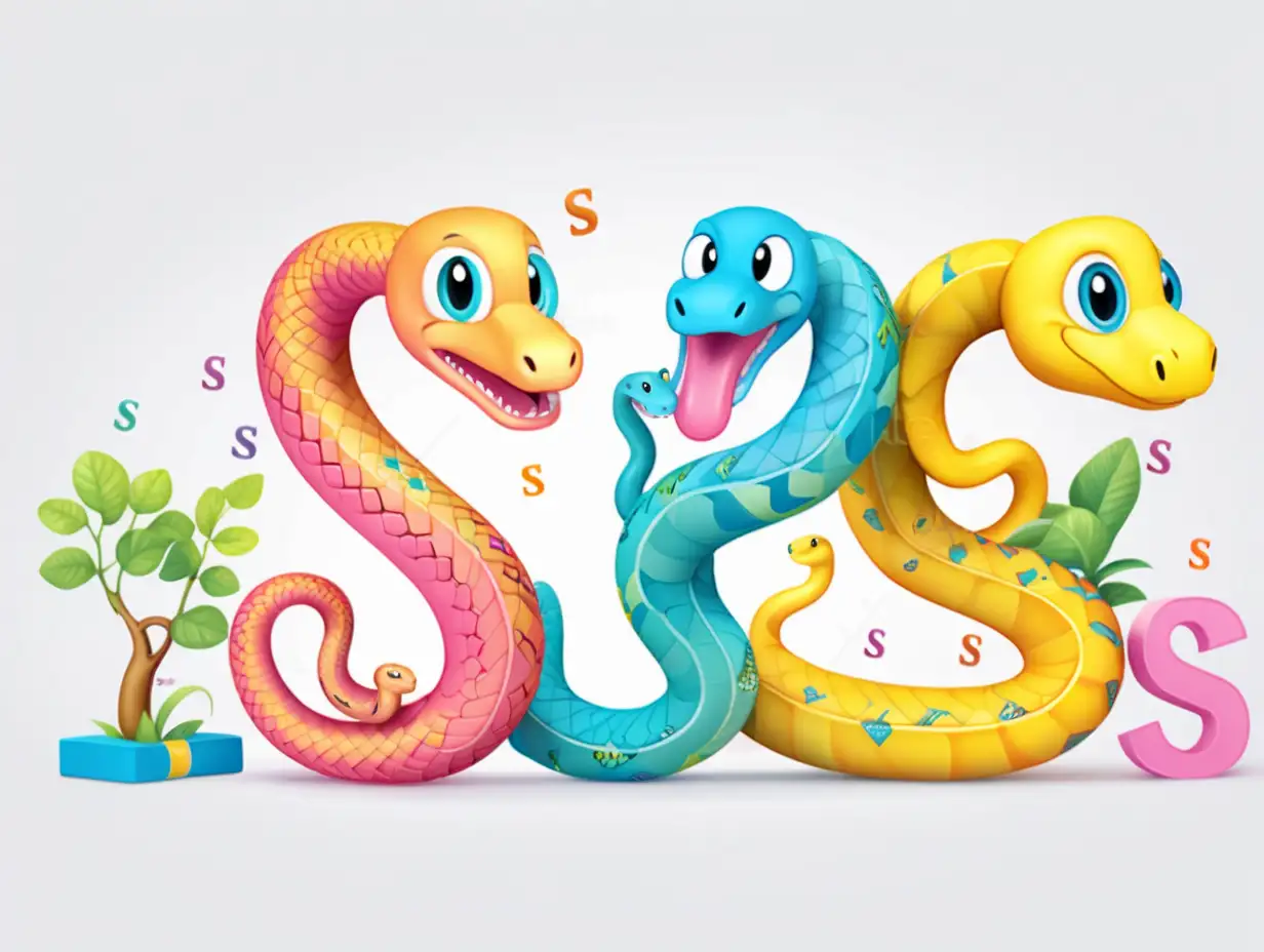 colorful childrens book illustration, vector art, kawaii, white background, 3d render, "make a letter s with snake" 
