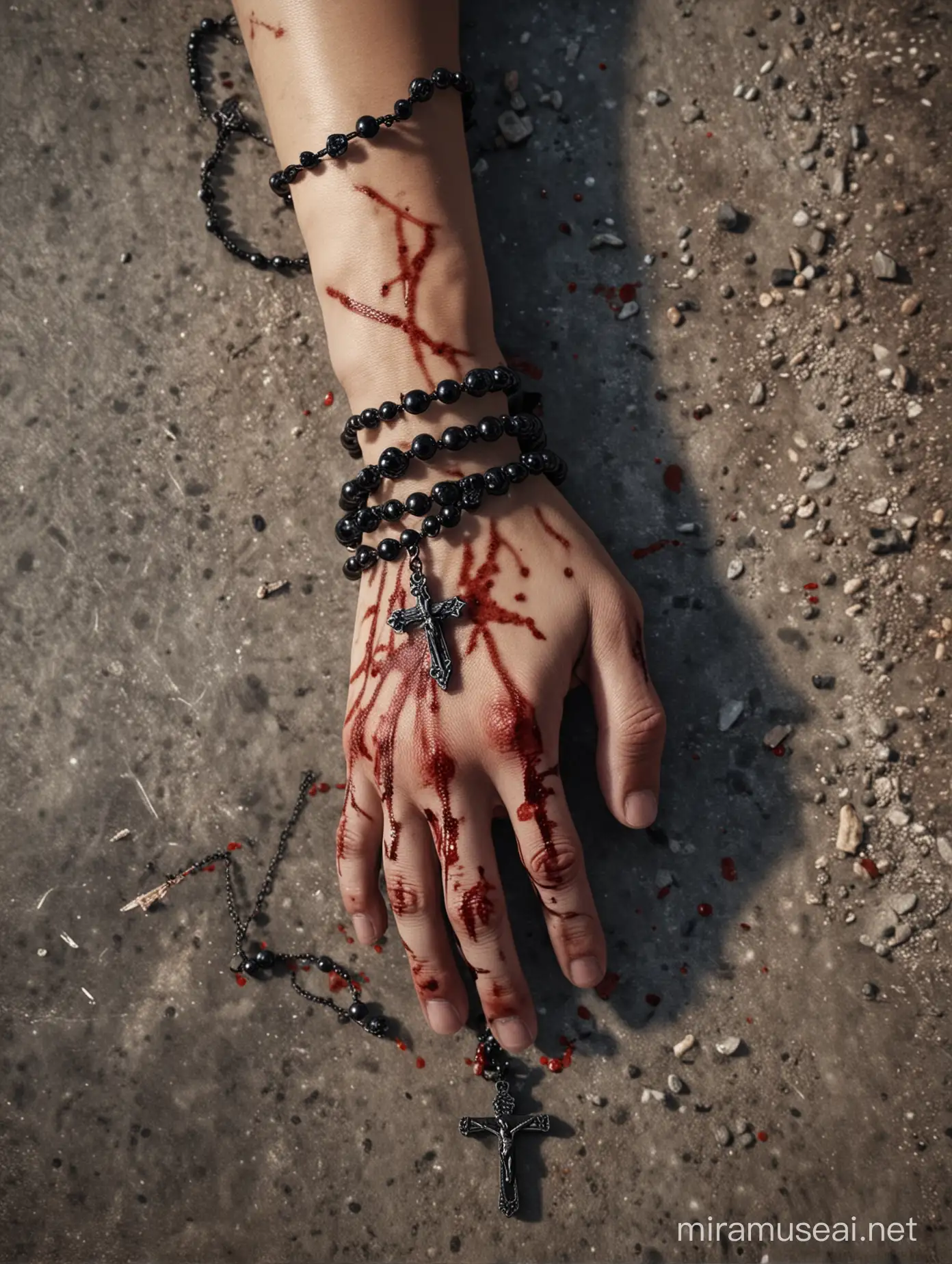 close up of dead bloodstained right hand lying on the ground holding a black rosary, aerial view, photorealistic