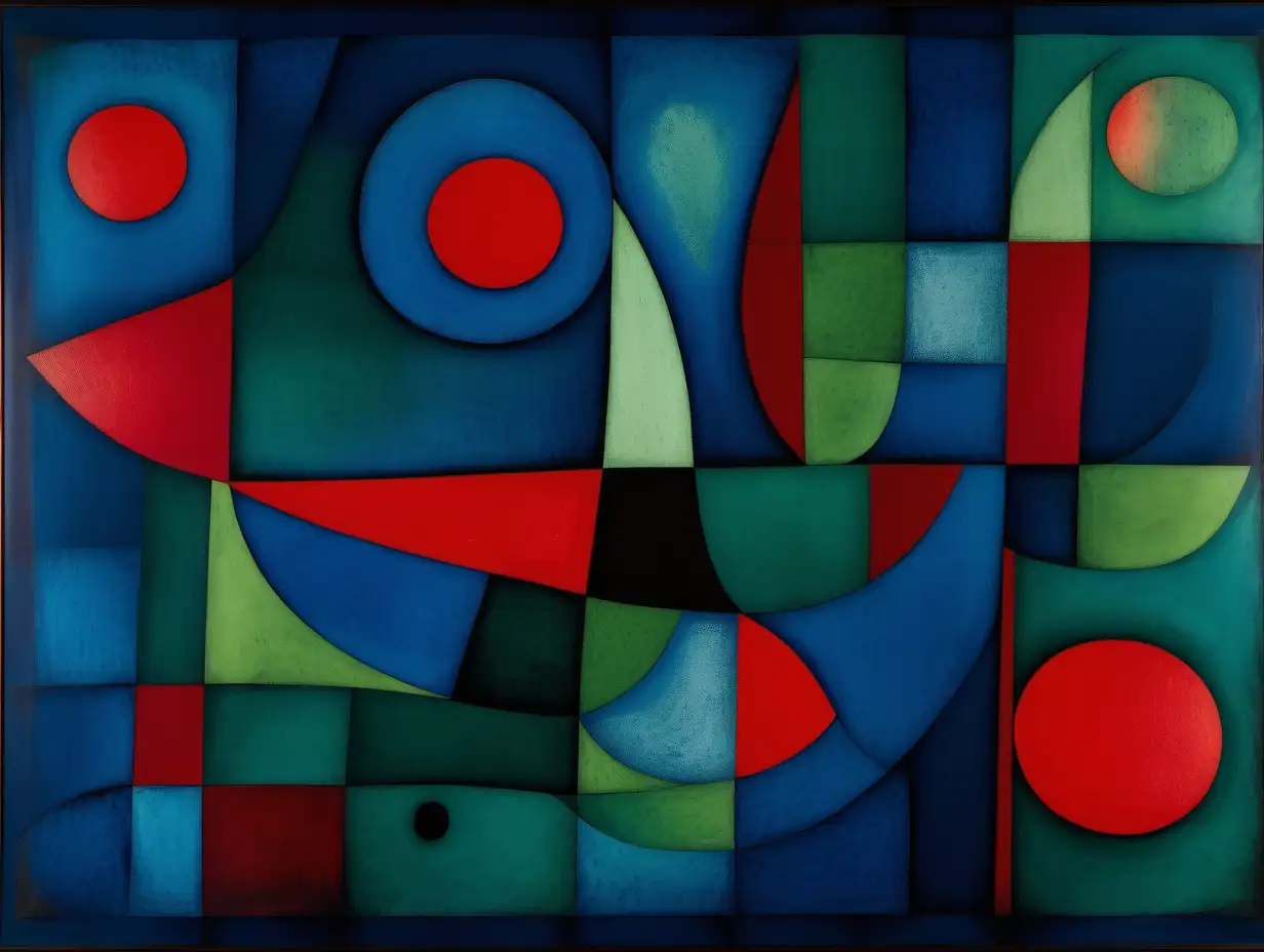 Abstract Paul Klee Style Art in Deep Blue Green and Red
