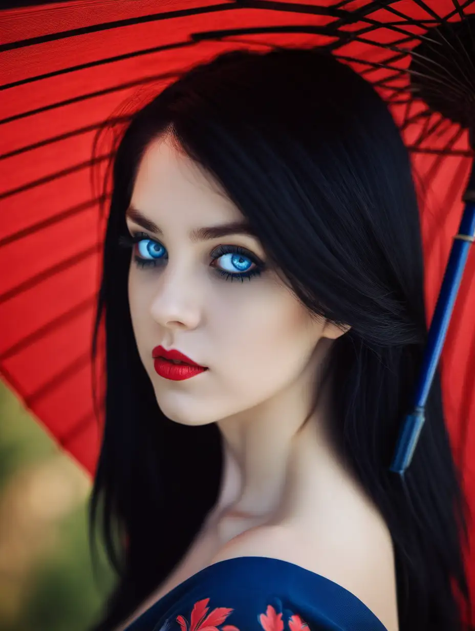 Portrait of a beautiful young women with black  hair dark blue eyes and red parasol