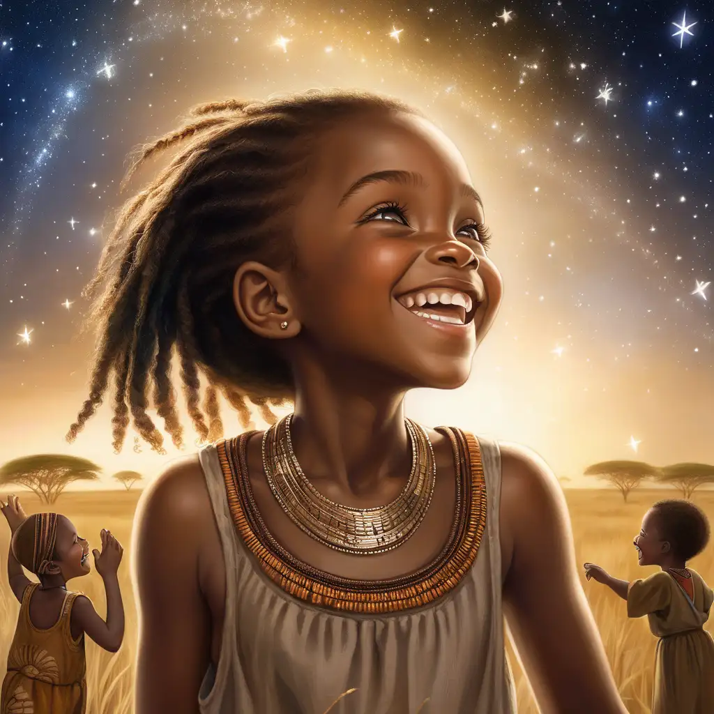 , in the heart of Africa, there lived a young girl named Nia. Her laughter filled the air with music, and her eyes sparkled like the stars above.