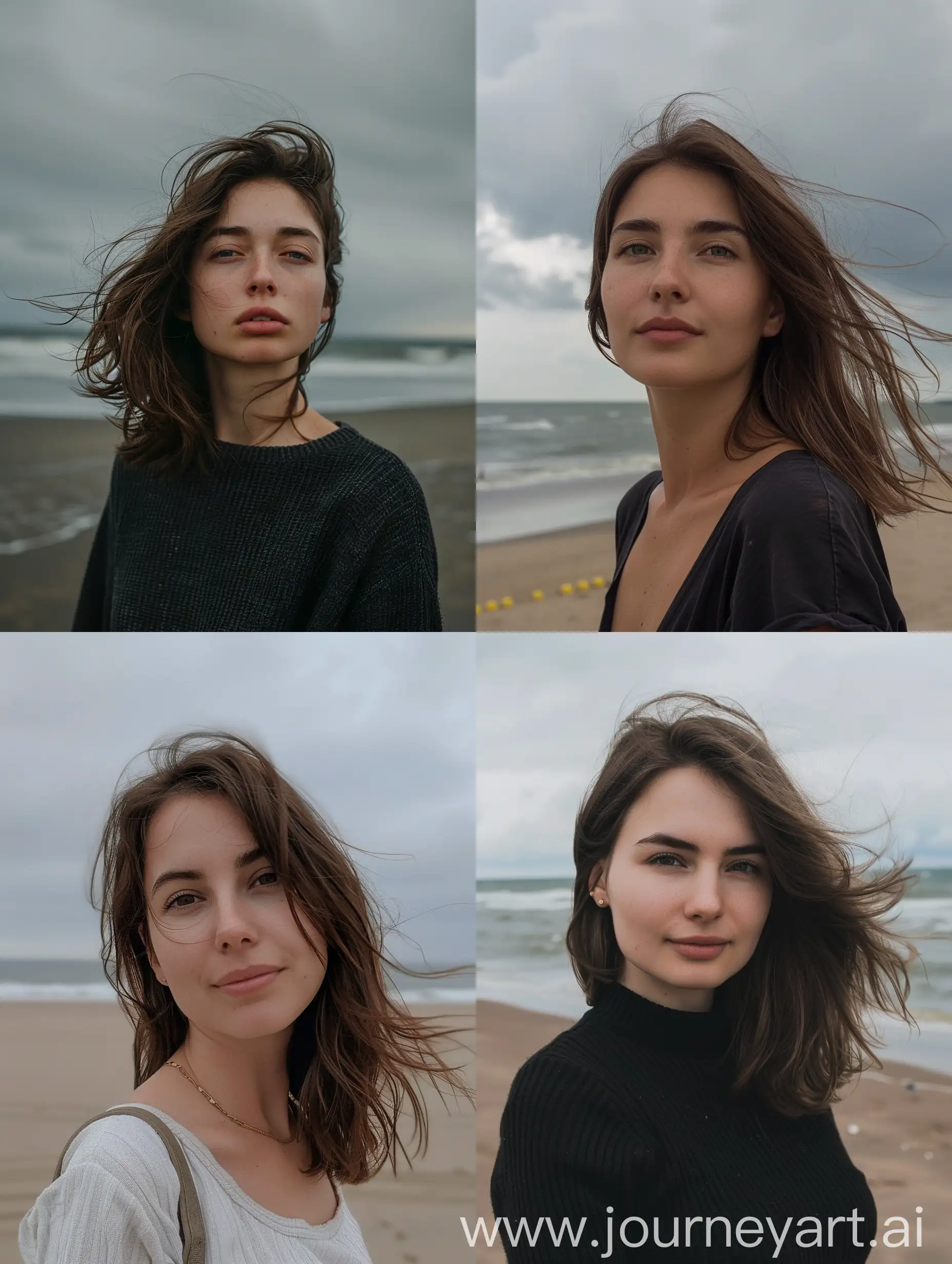 raw candid photo of a russian woman in her 20s with brunette hair at the beach, overcast sky