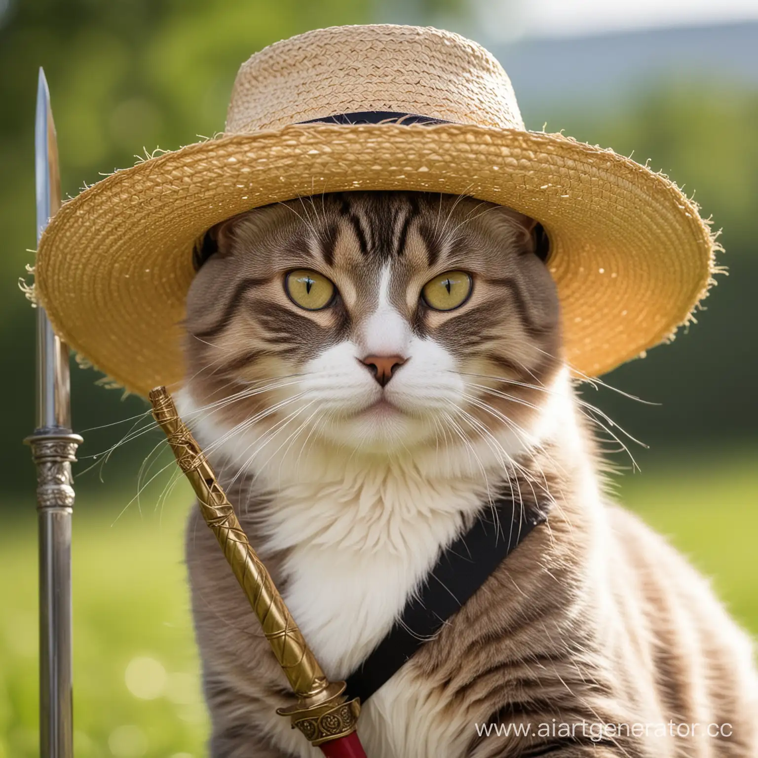 Playful-Cat-Wearing-a-Straw-Hat-and-Wielding-a-Saber