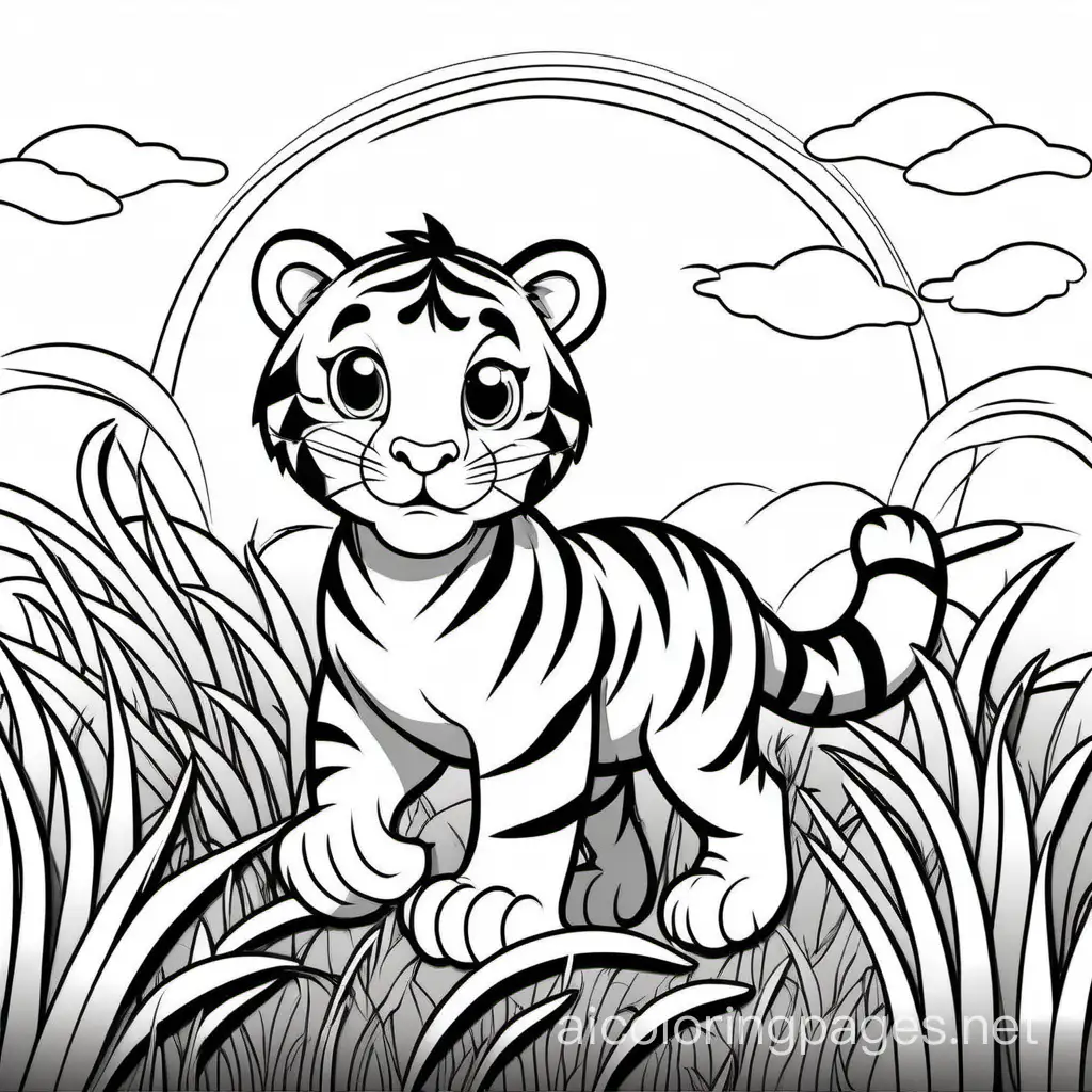Cute Tiger walking in grass with the sun shining, Coloring Page, black and white, line art, white background, Simplicity, Ample White Space. The background of the coloring page is plain white to make it easy for young children to color within the lines. The outlines of all the subjects are easy to distinguish, making it simple for kids to color without too much difficulty