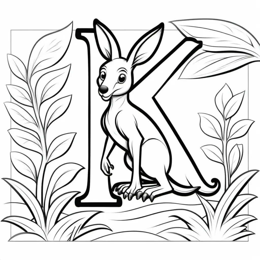 coloring book for kids, letter K with kangaroo, cartoon style, thick lines, low detail, no shading, -- ar, 9:11