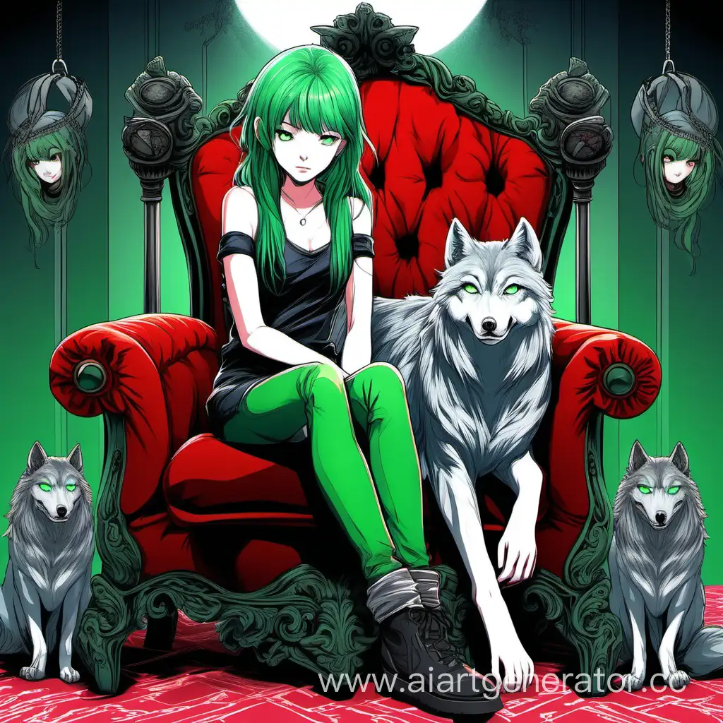 зеленоволосая девушка с серыми глазами сидит на красном кресле а у ее ног лежит серый волк с зелеными глазами