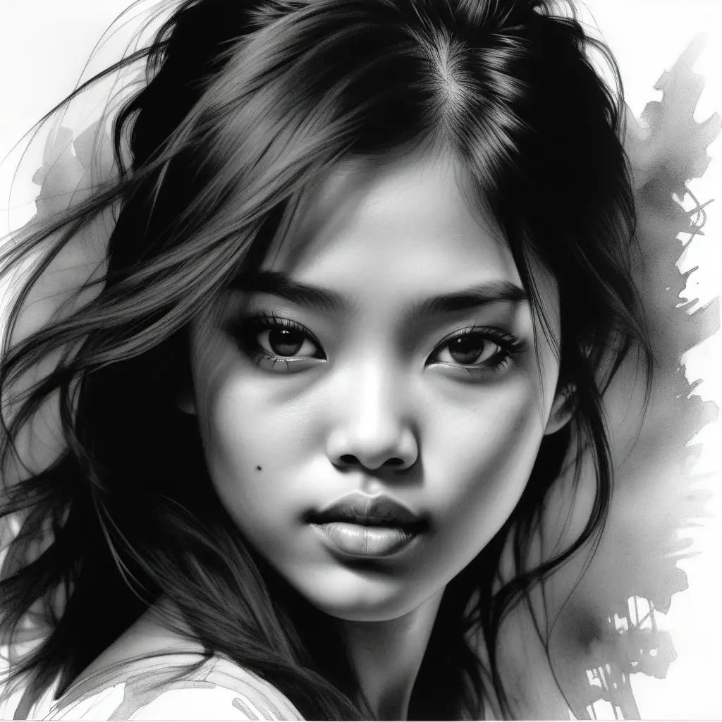 Captivating Malay Woman in Charcoal Sketch Expressive Eyes and Unruly Elegance