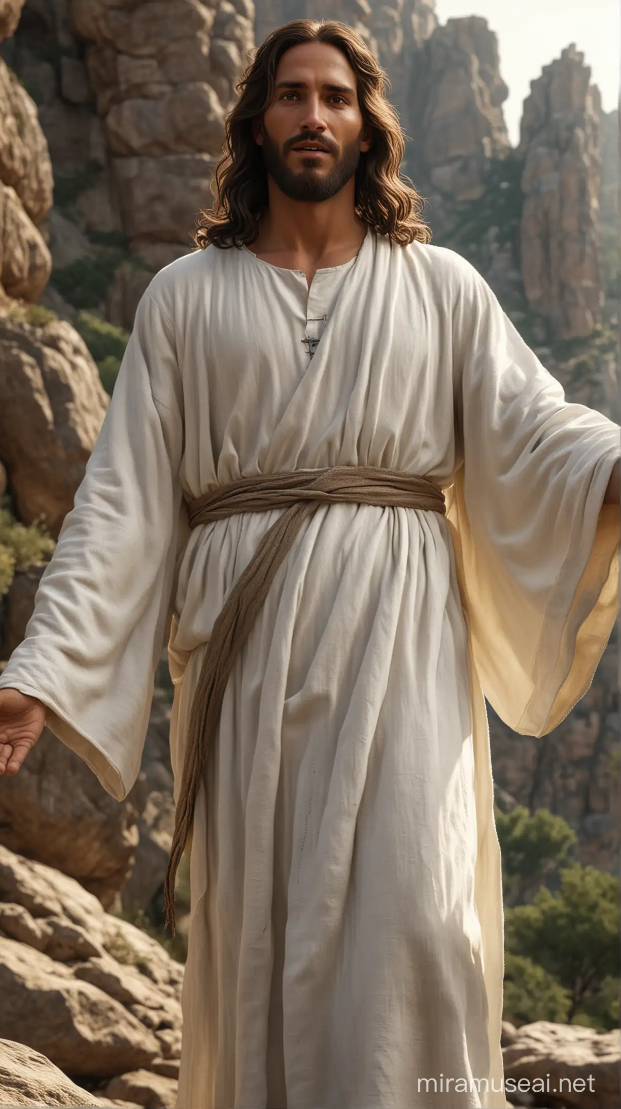 ULTRA REALISM PHOTOREALISTIC Generate a hyper-realistic image of Jesus with more dark olive toned tanned skin, thick hair, strong ancient jewish features, wearing pure white jewish Holy Tunic, standing on a high rock, warm welcoming smile, open arms, highly visible round piercing marks in wrists, looking into the camera
