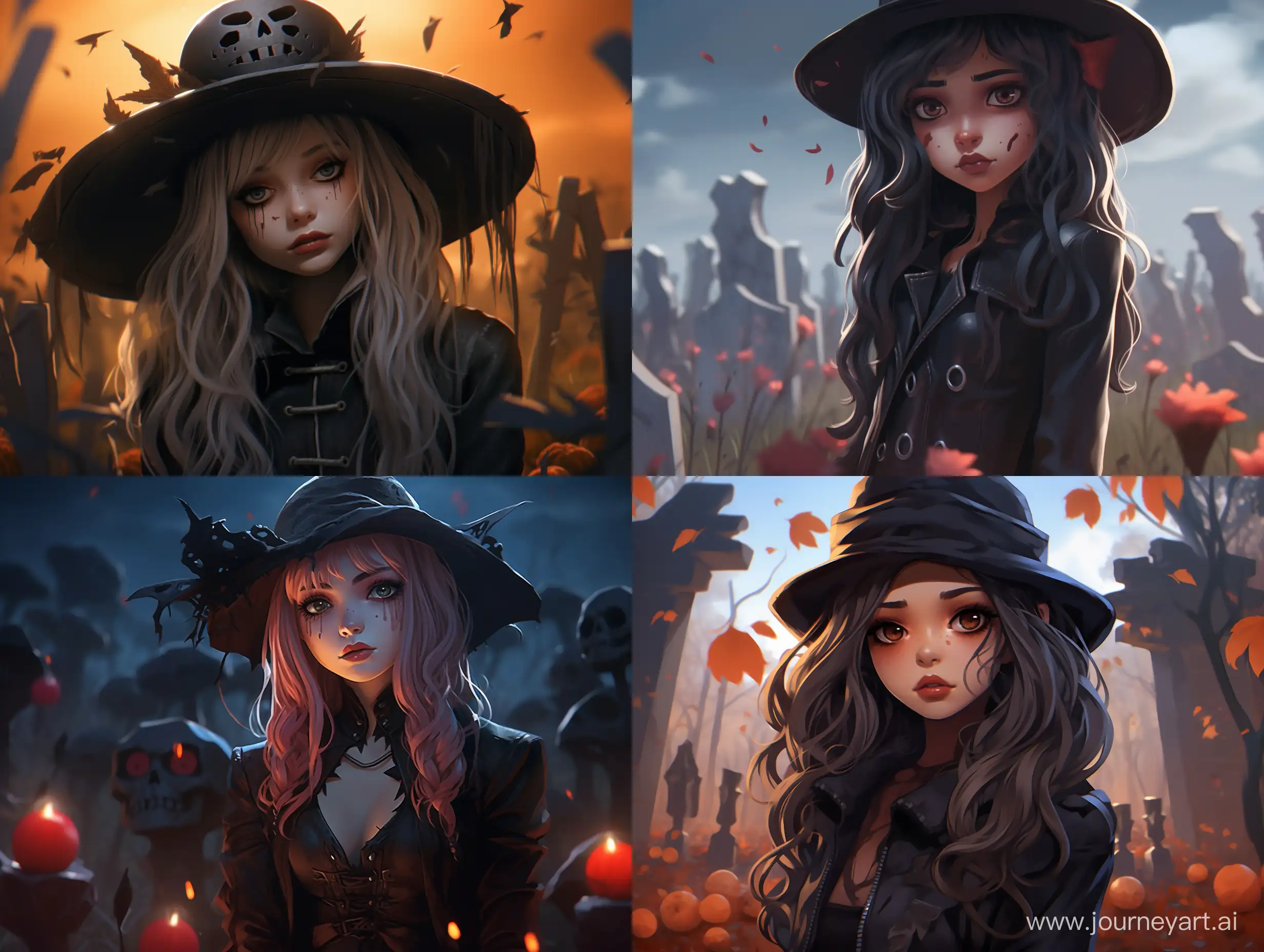cute realistic anime witch girl with a sad face in a graveyard