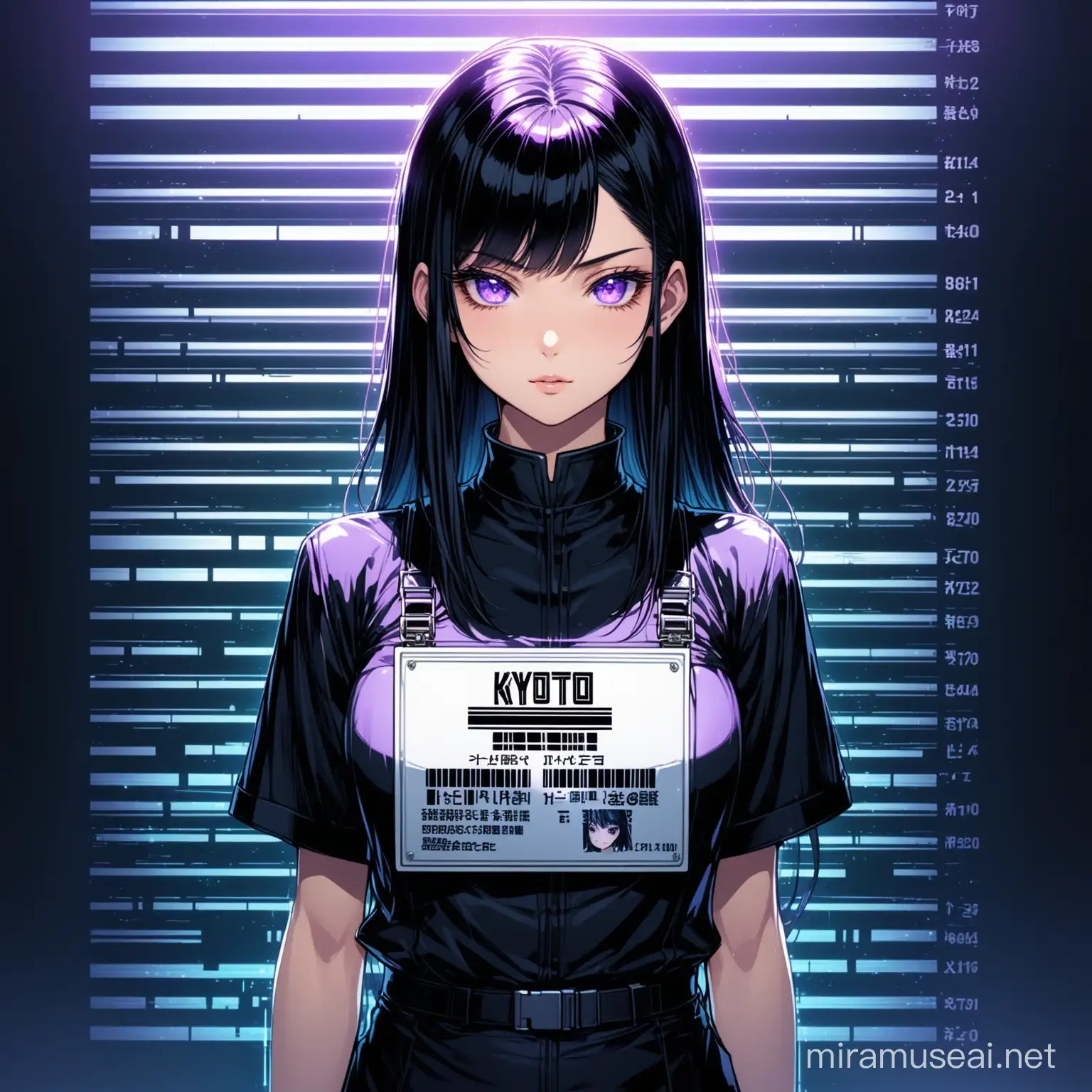 Kyoto animation stylized anime mixed with futuristic cyberpunk artworks ~ young beautiful female facing camera for a mugshot with a calm expression, long straight black hair, school girl outfit, white background, . Cinematic Lighting, dark lighting, ethereal light, intricate details, extremely detailed, complex details, insanely detailed and intricate, hypermaximalist, extremely detailed with rich colors. masterpiece, best quality, aerial view, HDR, UHD, unreal engine. Smooth skin, long straight black hair, playful aura, beautiful face, violet eyes, cool pose, ((acrylic illustration by artgerm, by kawacy, by John Singer Sargenti) dark fantasy background, blade runner, akira, fair skin, rich in details, high quality, gorgeous, dystopian, neon signs, final fantasy style, gorgeous, glamorous, 8k, super detail, gorgeous light and shadow, detailed decoration, detailed lines, mugshot, 1x1
