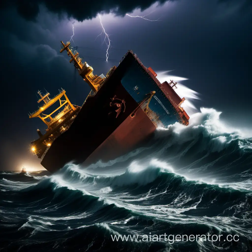  Large ore ship, dark stormy night, big crashing wave, sinking, wide angle, heavy storm lightning, bigger wave, sinking fast
