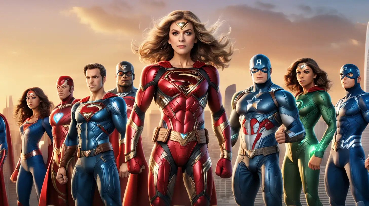 cinematic image of a beautiful middle aged white woman, brown mid-length hair parted on the left. She is wearing a superhero suit with a brain and heart symbols on the chest. She is leading another 8 superheroes of different ethnicities and clothes, all standing in empowered positions facing us with a city in the background and beautiful soft sunset colors in the clear sky. The whole scene is powerful but calm and you can see the full body of all superheroes.