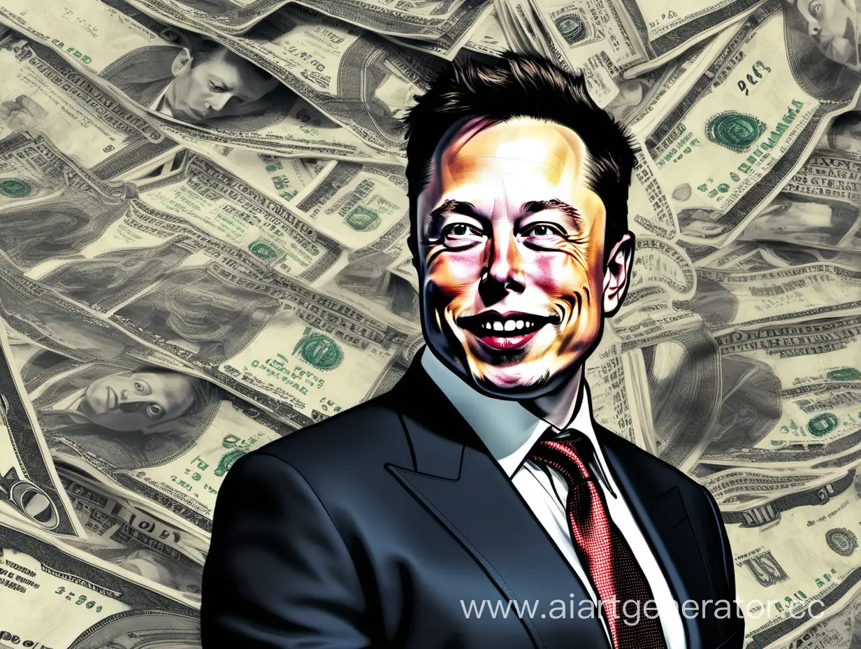 i want to present Elon Musk and  explain how he earned his money, starting from zero . Can you make me a picture that includes everything necessary.