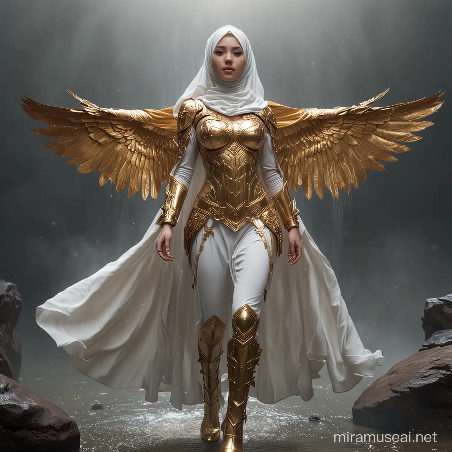 UltraRealistic Japanese IdolStyle Valkyrie in White and Gold Armor with Fiery Wings