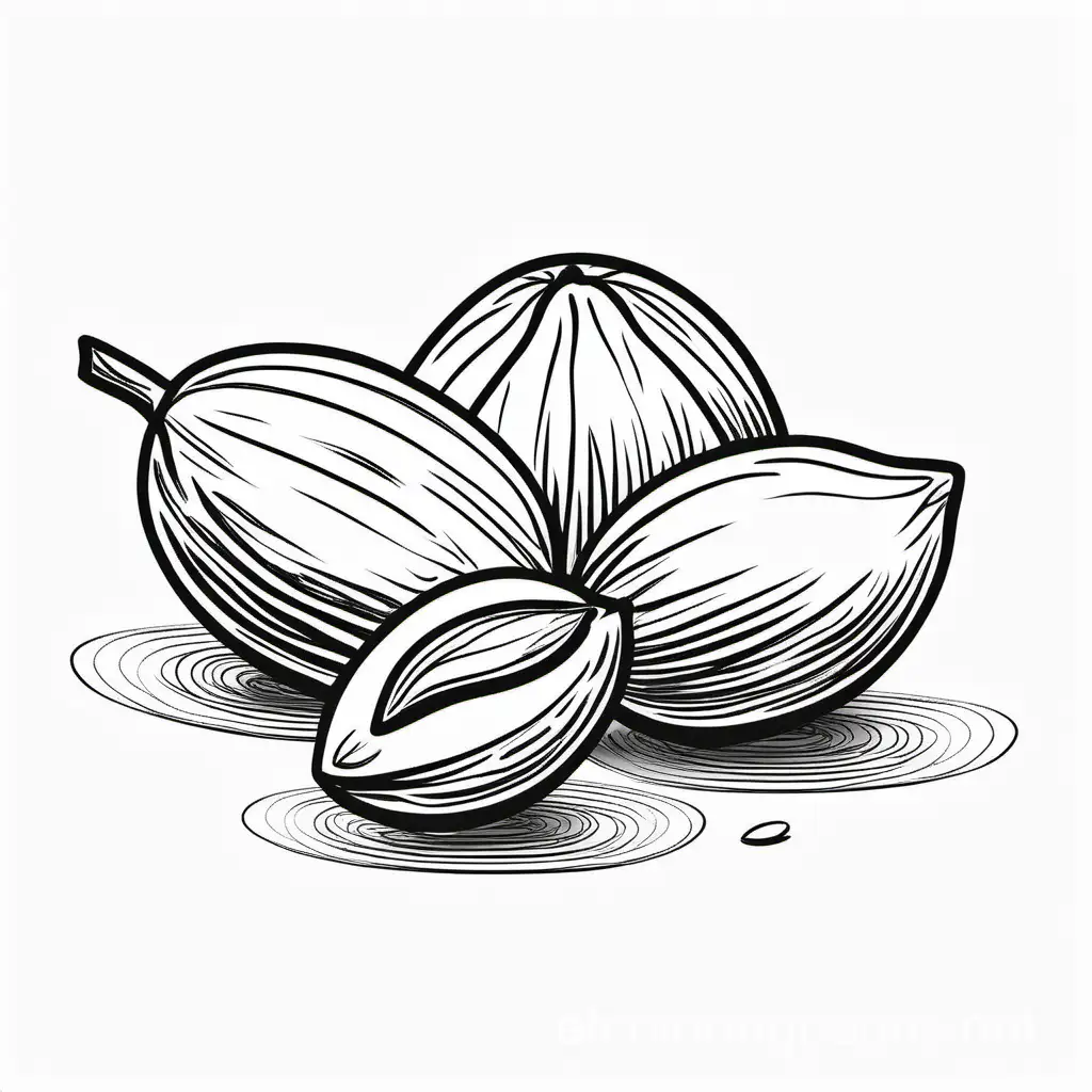 Create a bold and clean line drawing a Almonds. without any background, Coloring Page, black and white, line art, white background, Simplicity, Ample White Space. The background of the coloring page is plain white to make it easy for young children to color within the lines. The outlines of all the subjects are easy to distinguish, making it simple for kids to color without too much difficulty