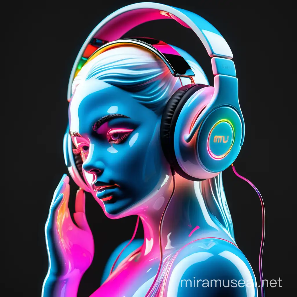 Produce a white shiny iridescent neon colored porcelain figure of a beautiful curvy feminine woman
Strong expression dynamic
She is wearing headphones listening to music 
portrait
Black background