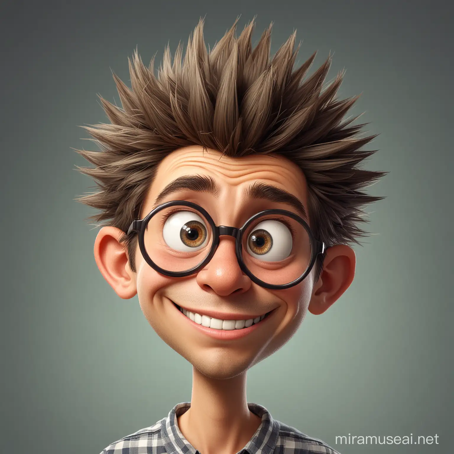 funny caricatur of a lazy 25 year old boy, spiked hair, no beard, big round glasses