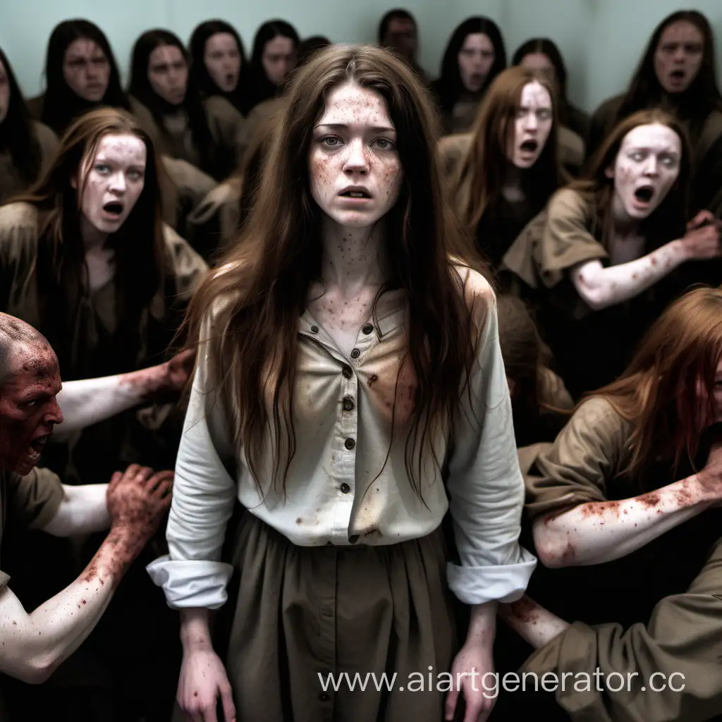 Create an image of this: Lydia stands surrounded by bodies as she finished fighting off prison guards.  

Lydia - an 18-year-old woman, who looks mature for her age and is in ragged clothes. With long brown hair, pale skin, and freckles
