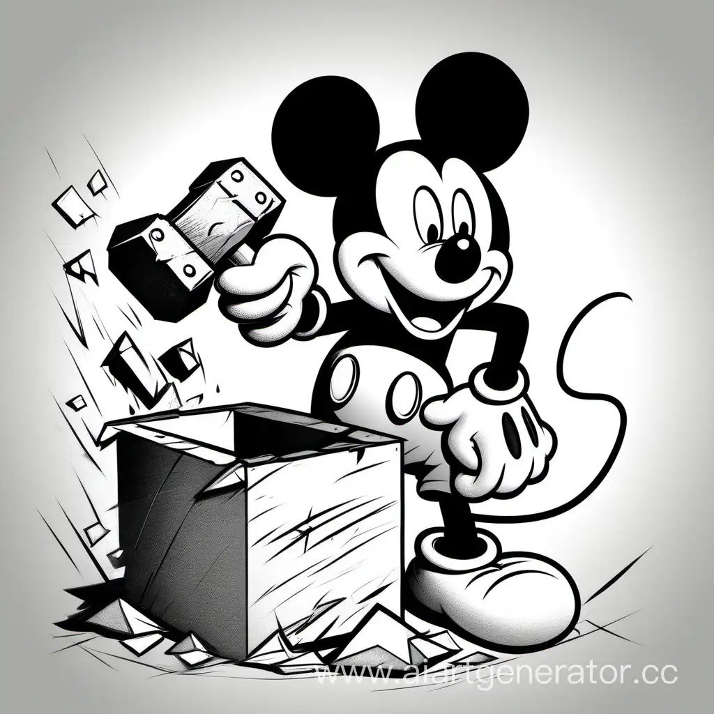 Микки Маус разбивает кувалдой ящик, черно белый, мультфильм, иллюстрация