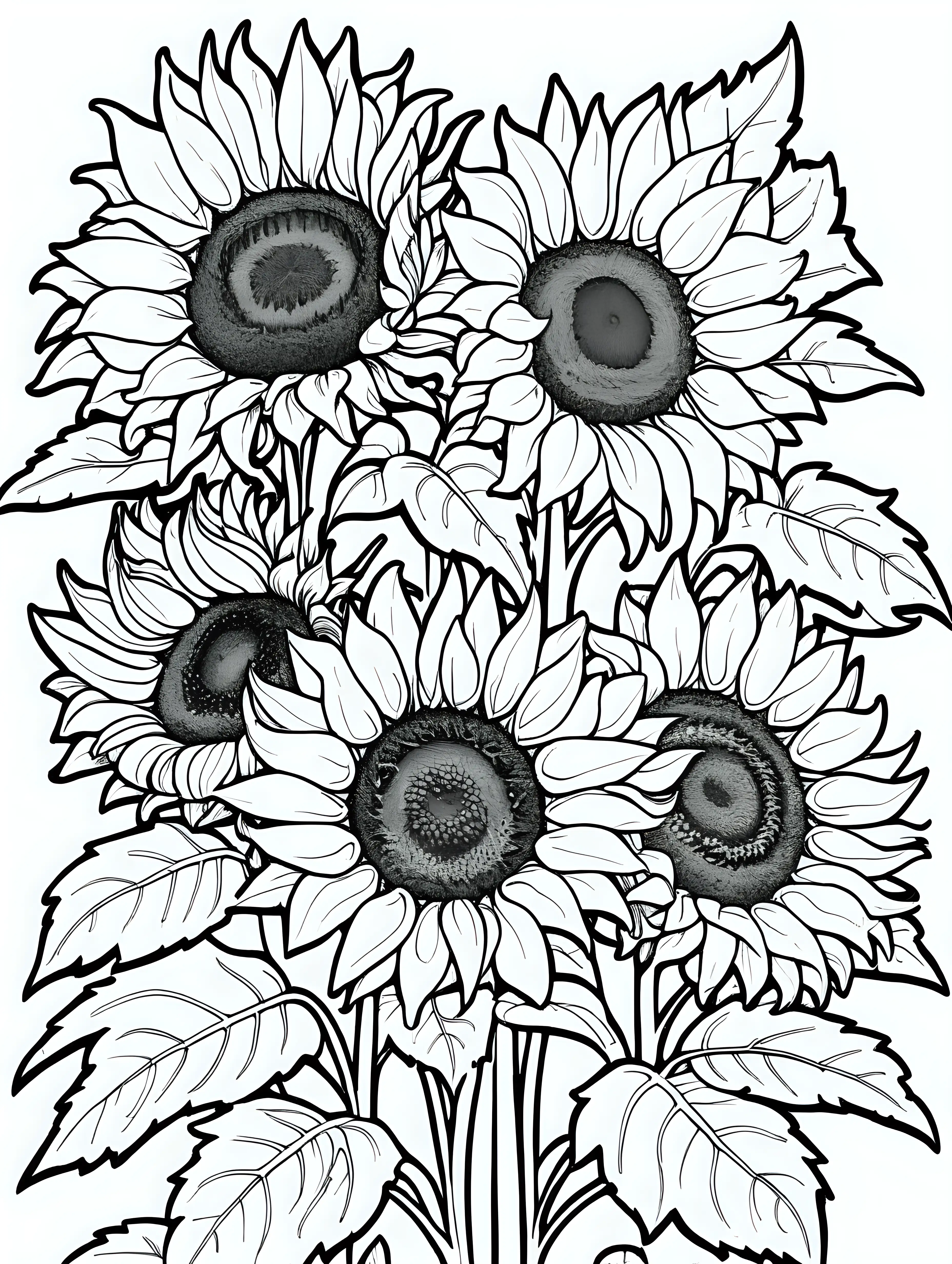 A beautiful big sunflowers filling the entire page, black and white coloring page, cartoon style, thin lines, few details, no background, no shadows, no greys