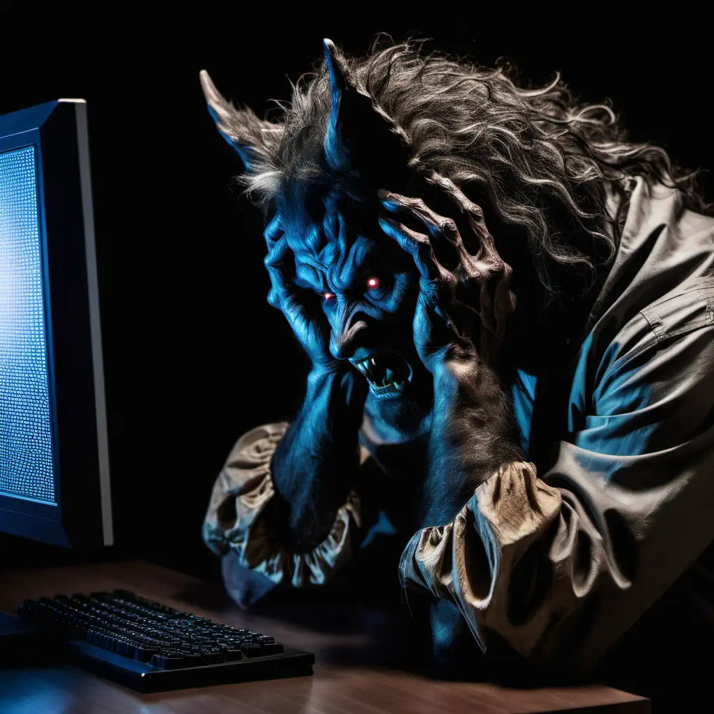 A werewolf with his head in his hands looking at a computer screen 