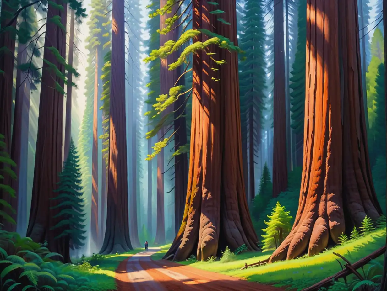 Majestic Redwood Forest Vibrant Painting of Towering Trees