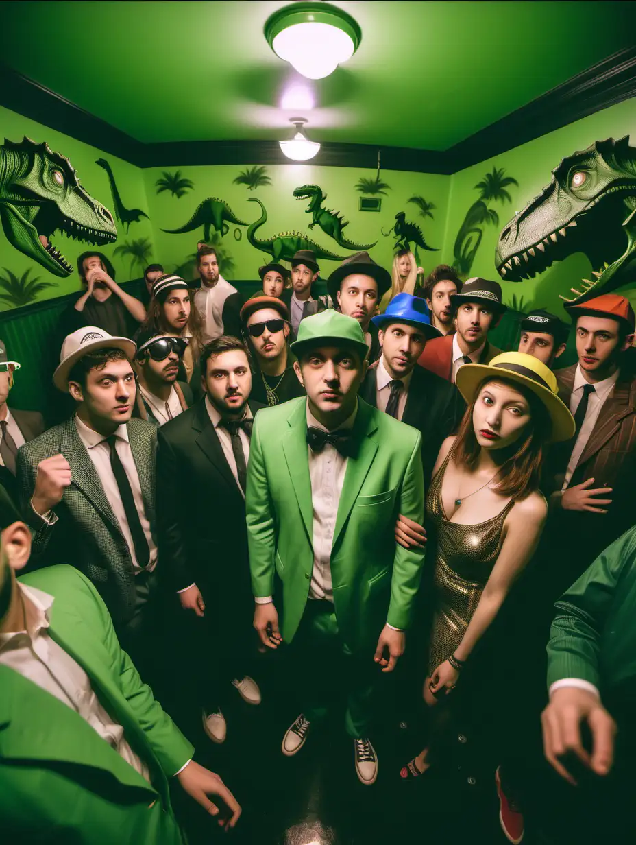 Retro Green Room Boiler Party with Dinosaur Costumes